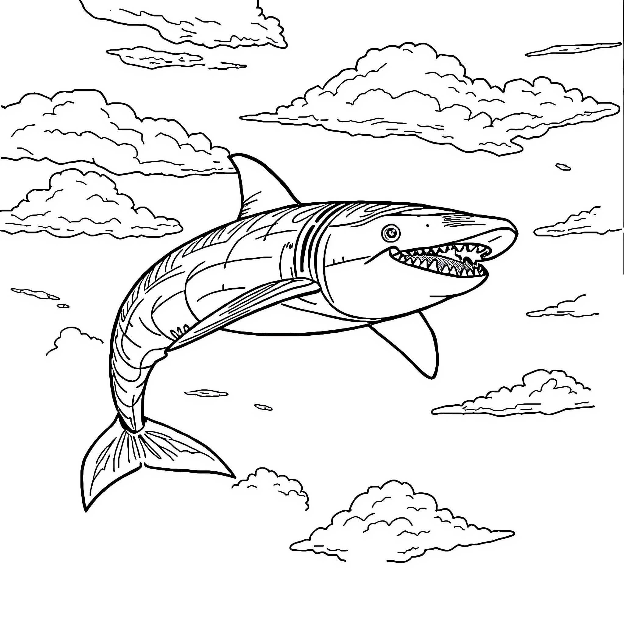 Shark jumping out of cloudy waters Coloring Page (free black-and-white line drawing printable PDF for all, from beginners to advanced learners, including children, teens, adults, and seniors)