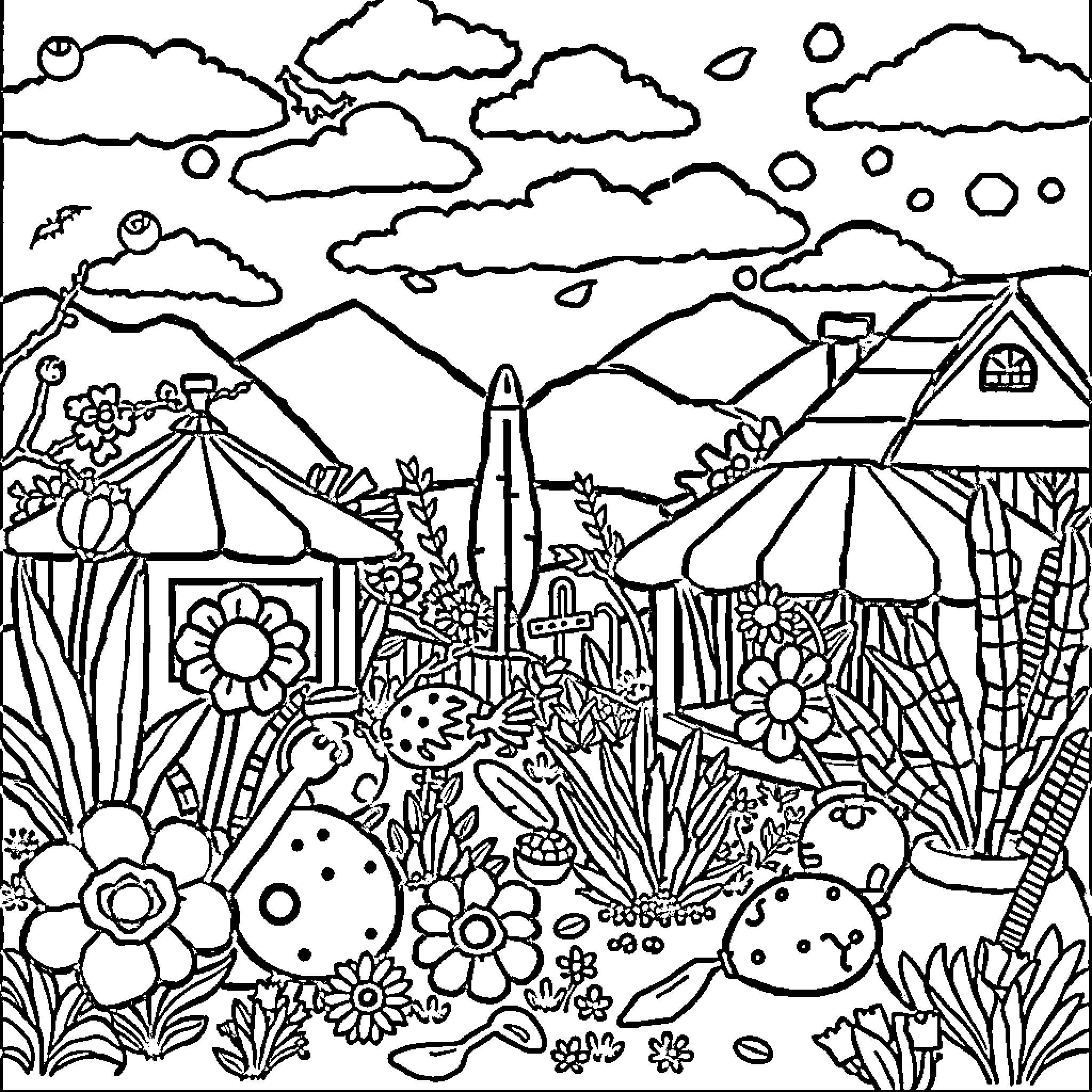 Seek and Find the Hidden Wonders in the Floral Landscape Coloring Page (free black-and-white line drawing printable PDF for all, from beginners to advanced learners, including children, teens, adults, and seniors)
