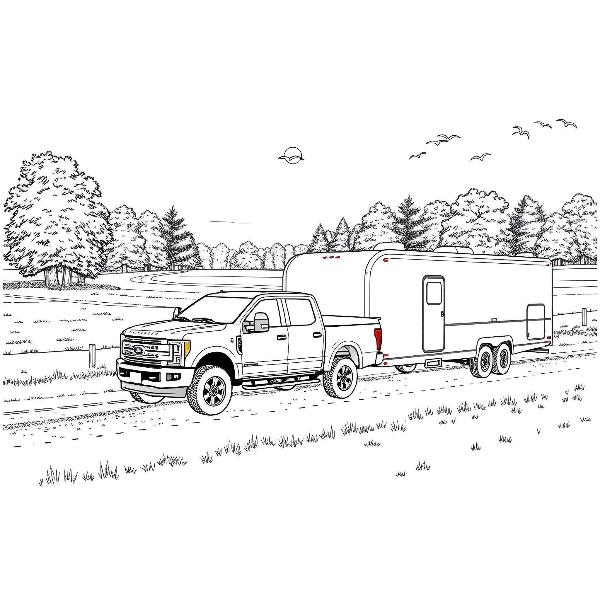 Pickup truck towing a camper on a rural road Coloring Page (free black-and-white line drawing printable PDF for all, from beginners to advanced learners, including children, teens, adults, and seniors)