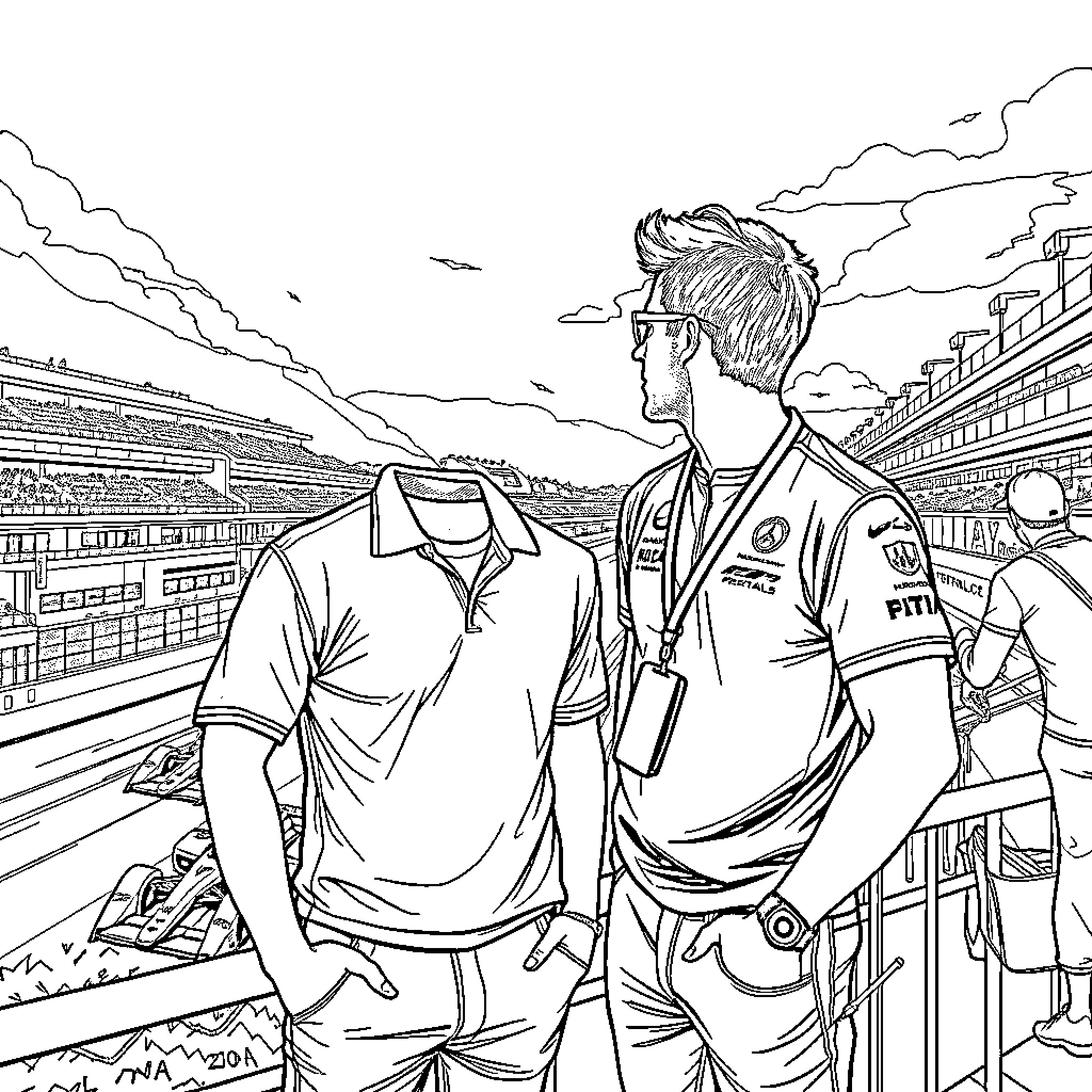 F1 Drivers Preparing for Race on the Circuit Coloring Page (free black-and-white line drawing printable PDF for all, from beginners to advanced learners, including children, teens, adults, and seniors)