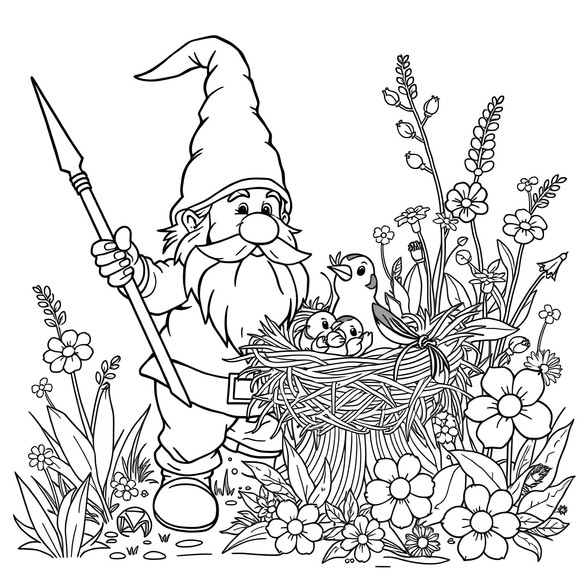 Gnome tending to a bird's nest in a flower garden Coloring Page (free black-and-white line drawing printable PDF for all, from beginners to advanced learners, including children, teens, adults, and seniors)