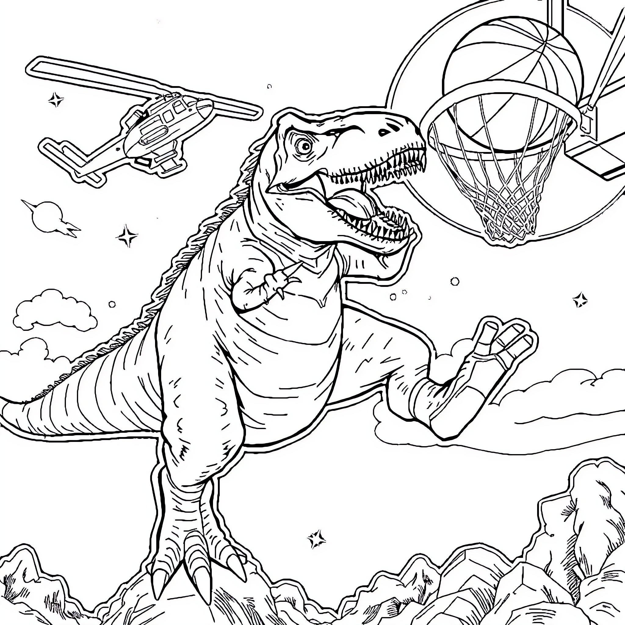 D-rex basketball slam dunking with helicopter Coloring Page (free black-and-white line drawing printable PDF for all, from beginners to advanced learners, including children, teens, adults, and seniors)