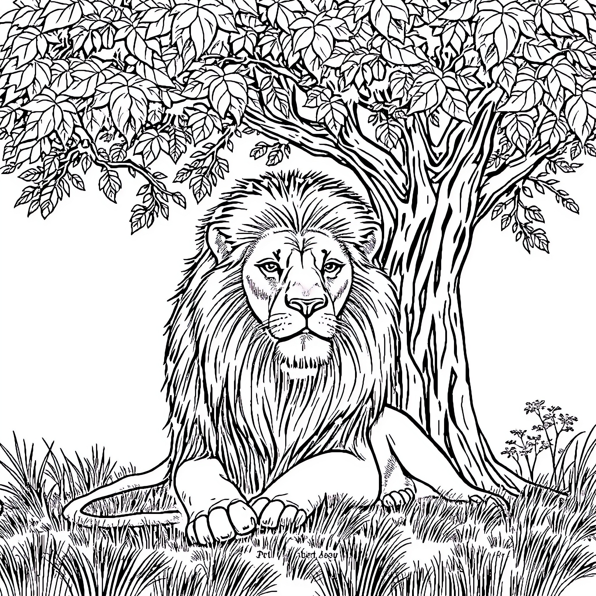 Lion resting under a lush tree Coloring Page (free black-and-white line drawing printable PDF for all, from beginners to advanced learners, including children, teens, adults, and seniors)