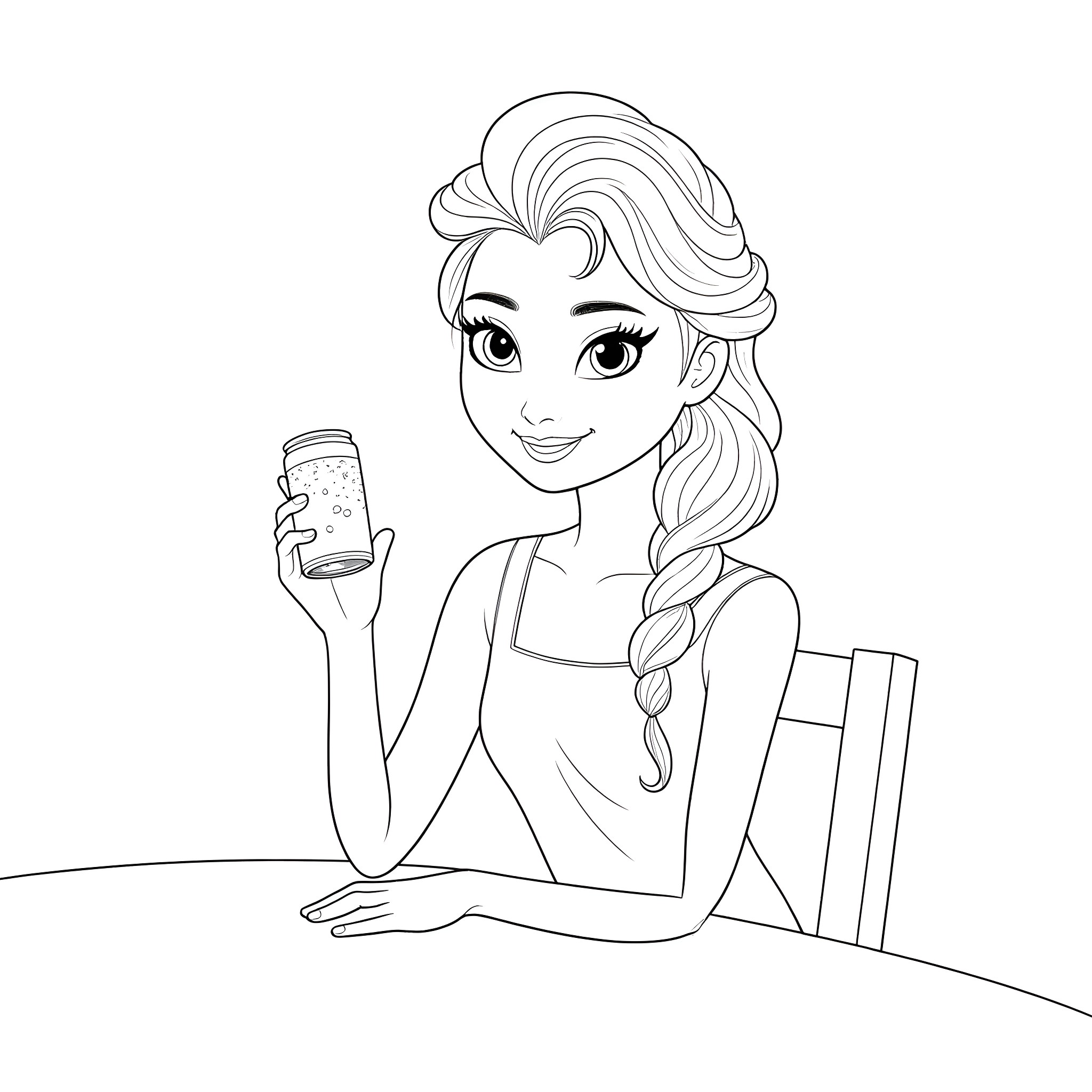 Elsa looking at a jar with curiosity Coloring Page (free black-and-white line drawing printable PDF for all, from beginners to advanced learners, including children, teens, adults, and seniors)