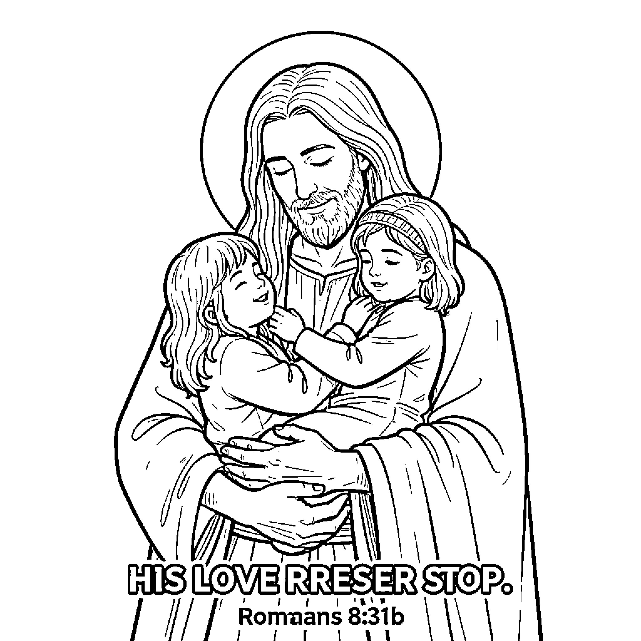God embracing two children with a gentle, loving hug Coloring Page (free black-and-white line drawing printable PDF for all, from beginners to advanced learners, including children, teens, adults, and seniors)