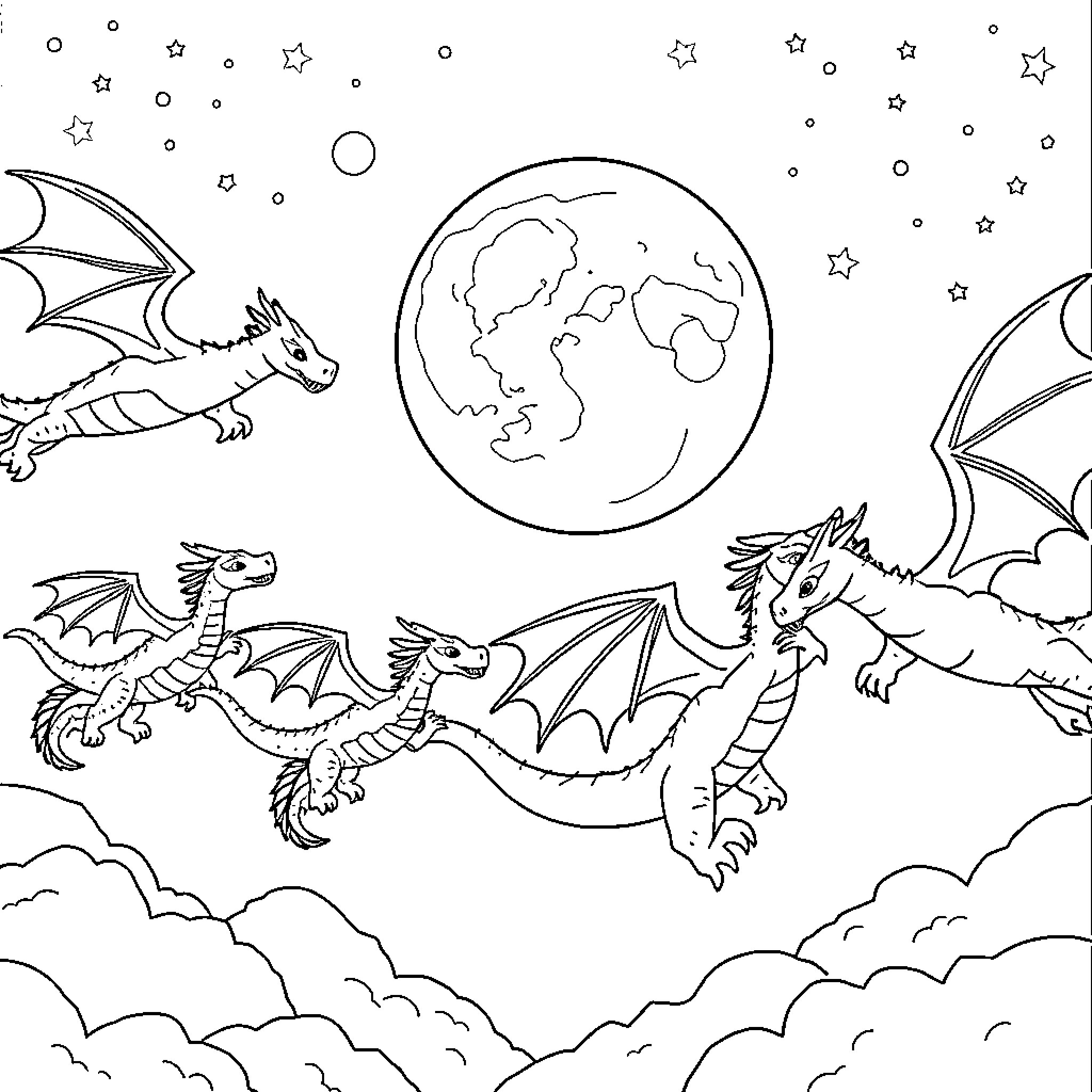 Dragons soaring through the starry night sky Coloring Page (free black-and-white line drawing printable PDF for all, from beginners to advanced learners, including children, teens, adults, and seniors)