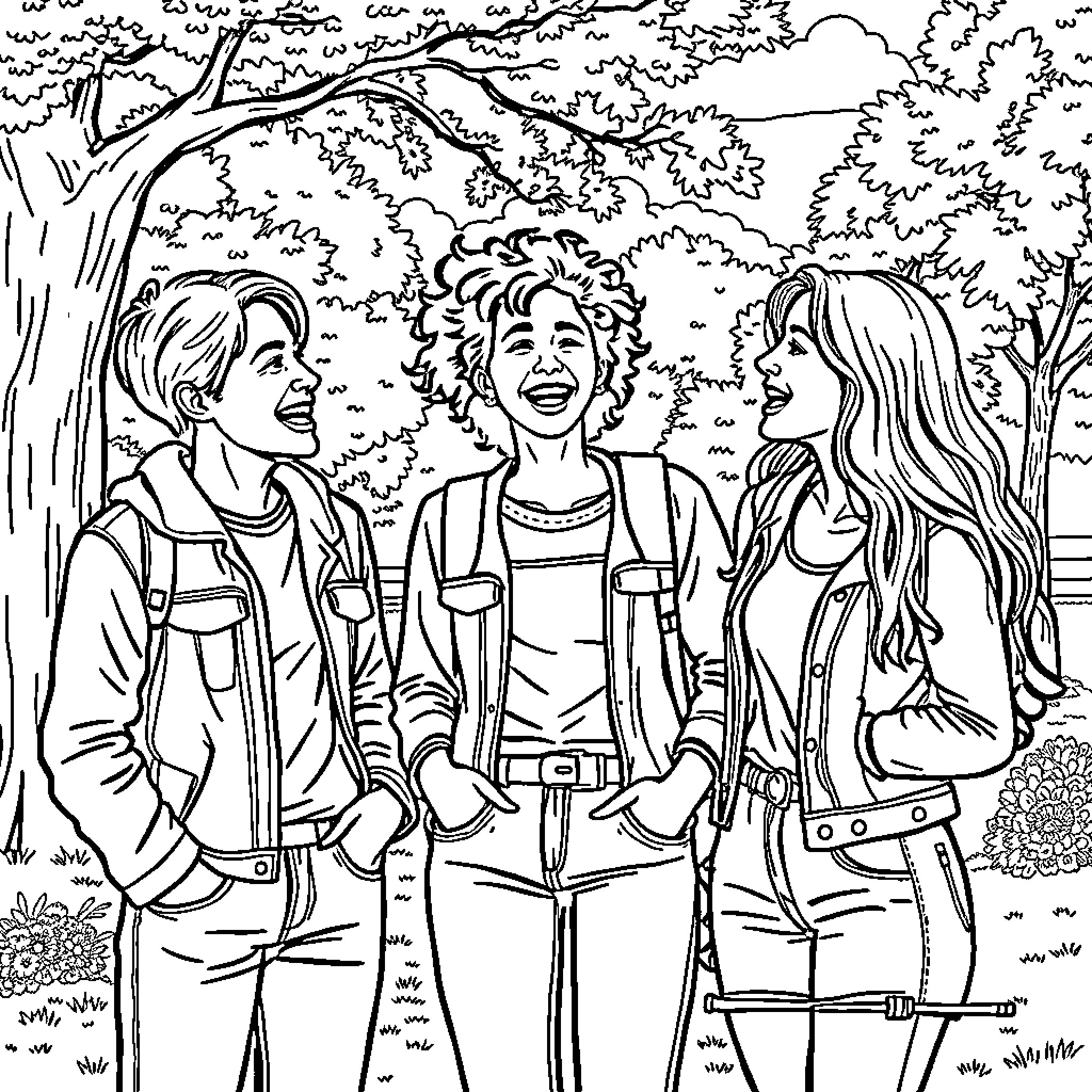 Friends enjoying nature together Coloring Page (free black-and-white line drawing printable PDF for all, from beginners to advanced learners, including children, teens, adults, and seniors)