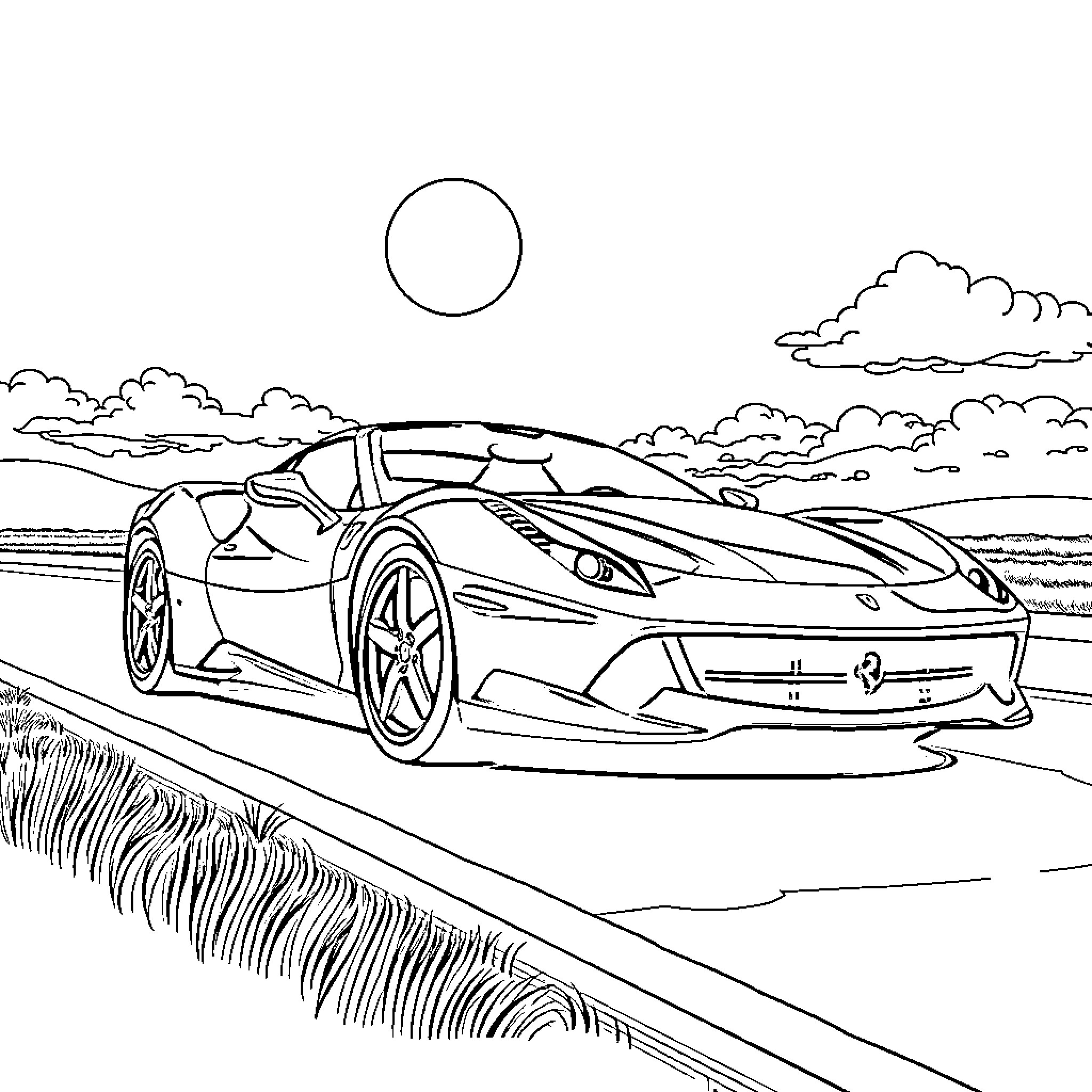 Ferrari sports car racing along the countryside Coloring Page (free black-and-white line drawing printable PDF for all, from beginners to advanced learners, including children, teens, adults, and seniors)