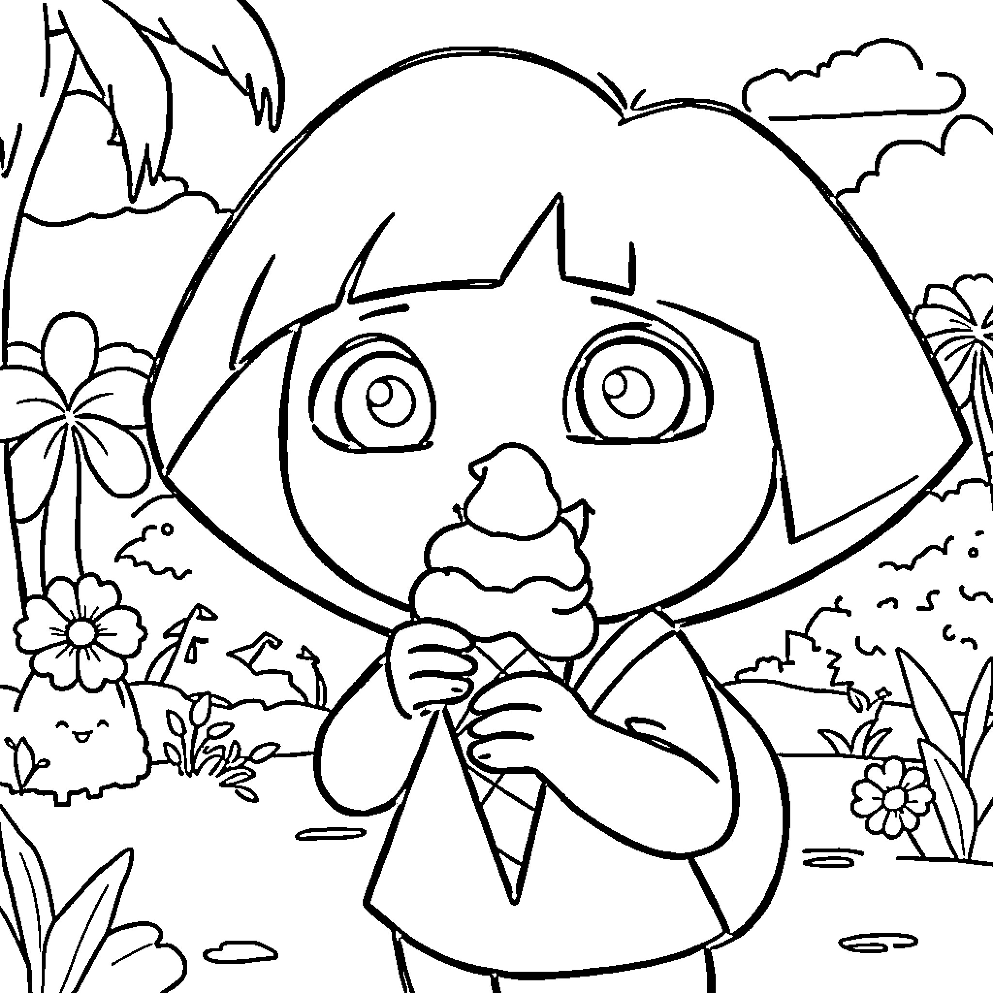 Dora Exploring the Outdoor Landscape Coloring Page (free black-and-white line drawing printable PDF for all, from beginners to advanced learners, including children, teens, adults, and seniors)