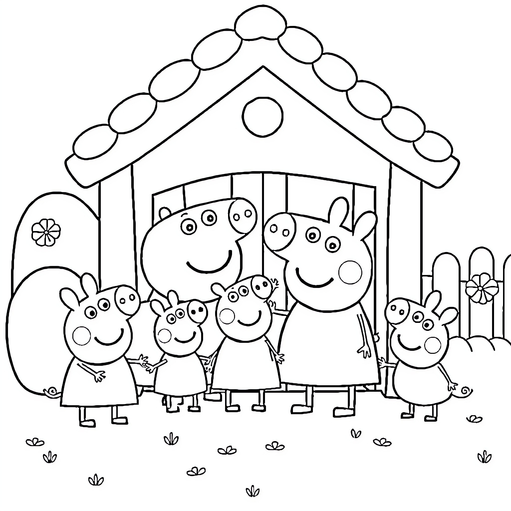 Peppa Pig family having fun together at home Coloring Page (free black-and-white line drawing printable PDF for all, from beginners to advanced learners, including children, teens, adults, and seniors)