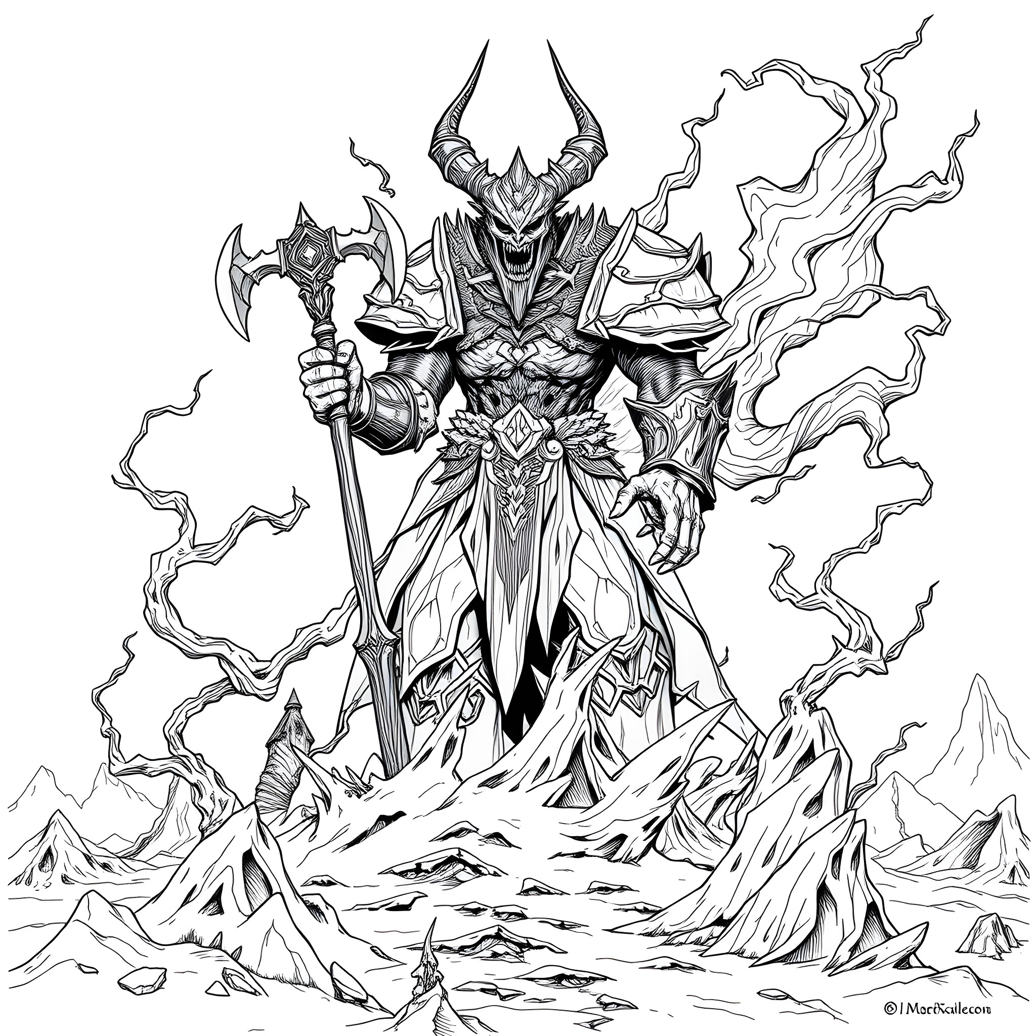 Molag Bal, Daedric Prince of Domination, Wielding Fearsome Power Coloring Page (free black-and-white line drawing printable PDF for all, from beginners to advanced learners, including children, teens, adults, and seniors)
