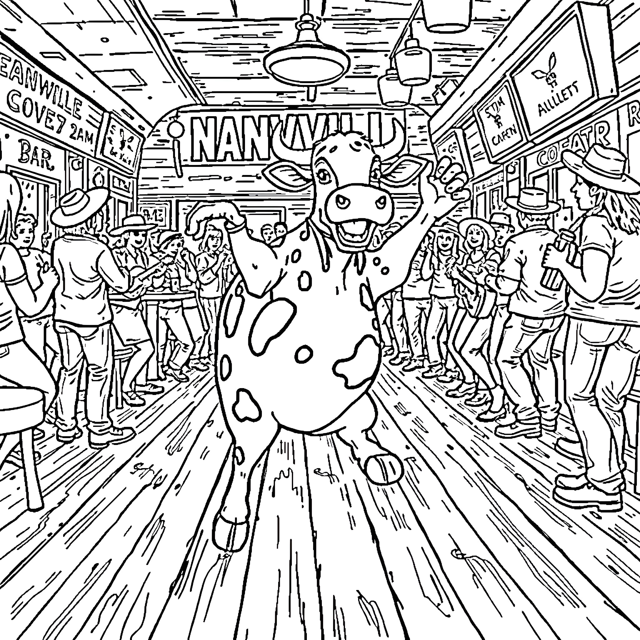 Cow dancing and celebrating in a lively crowd Coloring Page (free black-and-white line drawing printable PDF for all, from beginners to advanced learners, including children, teens, adults, and seniors)
