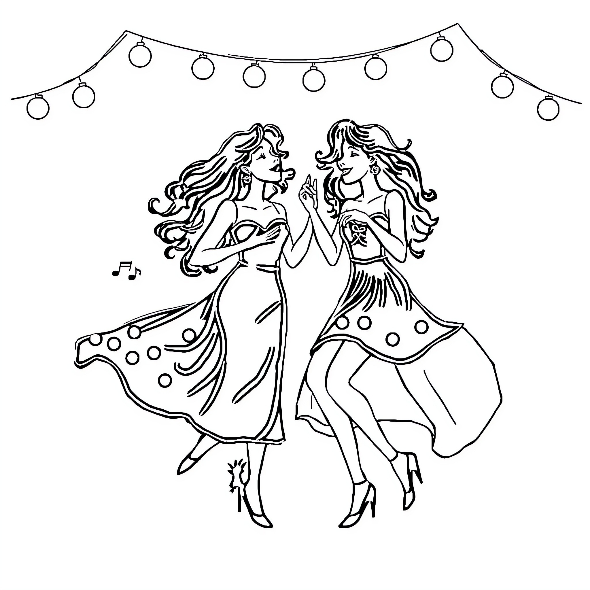Vocal joyful friends dancing under lights Coloring Page (free black-and-white line drawing printable PDF for all, from beginners to advanced learners, including children, teens, adults, and seniors)