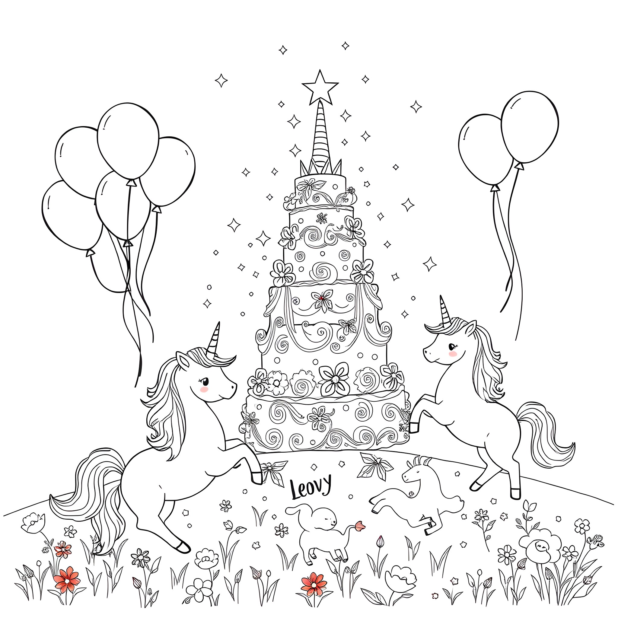 Unicorn celebrating birthday with a magical cake Coloring Page (free black-and-white line drawing printable PDF for all, from beginners to advanced learners, including children, teens, adults, and seniors)