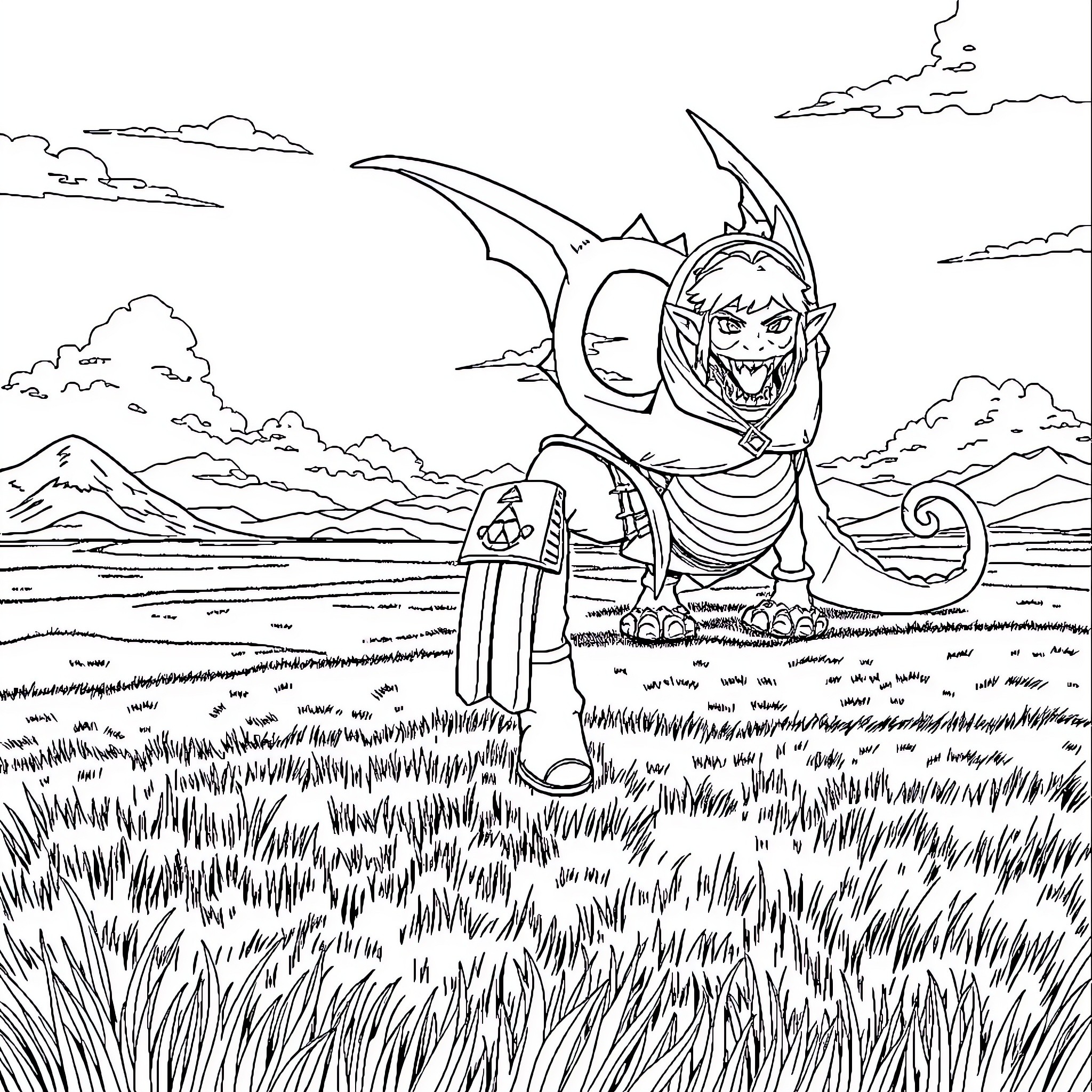Link exploring the fantasy landscape Coloring Page (free black-and-white line drawing printable PDF for all, from beginners to advanced learners, including children, teens, adults, and seniors)