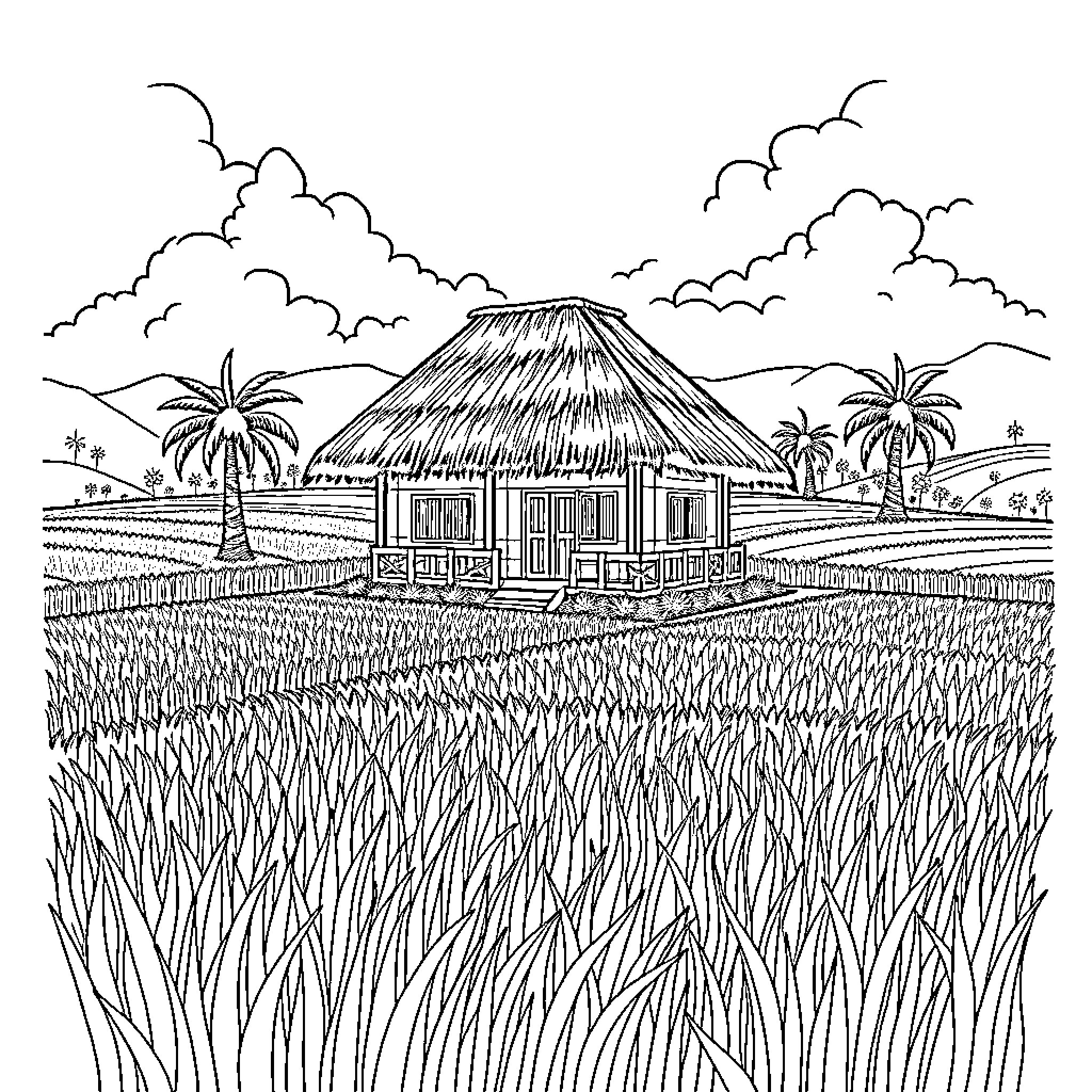 Bahay Kubo in the Fields with Swaying Palms Coloring Page (free black-and-white line drawing printable PDF for all, from beginners to advanced learners, including children, teens, adults, and seniors)