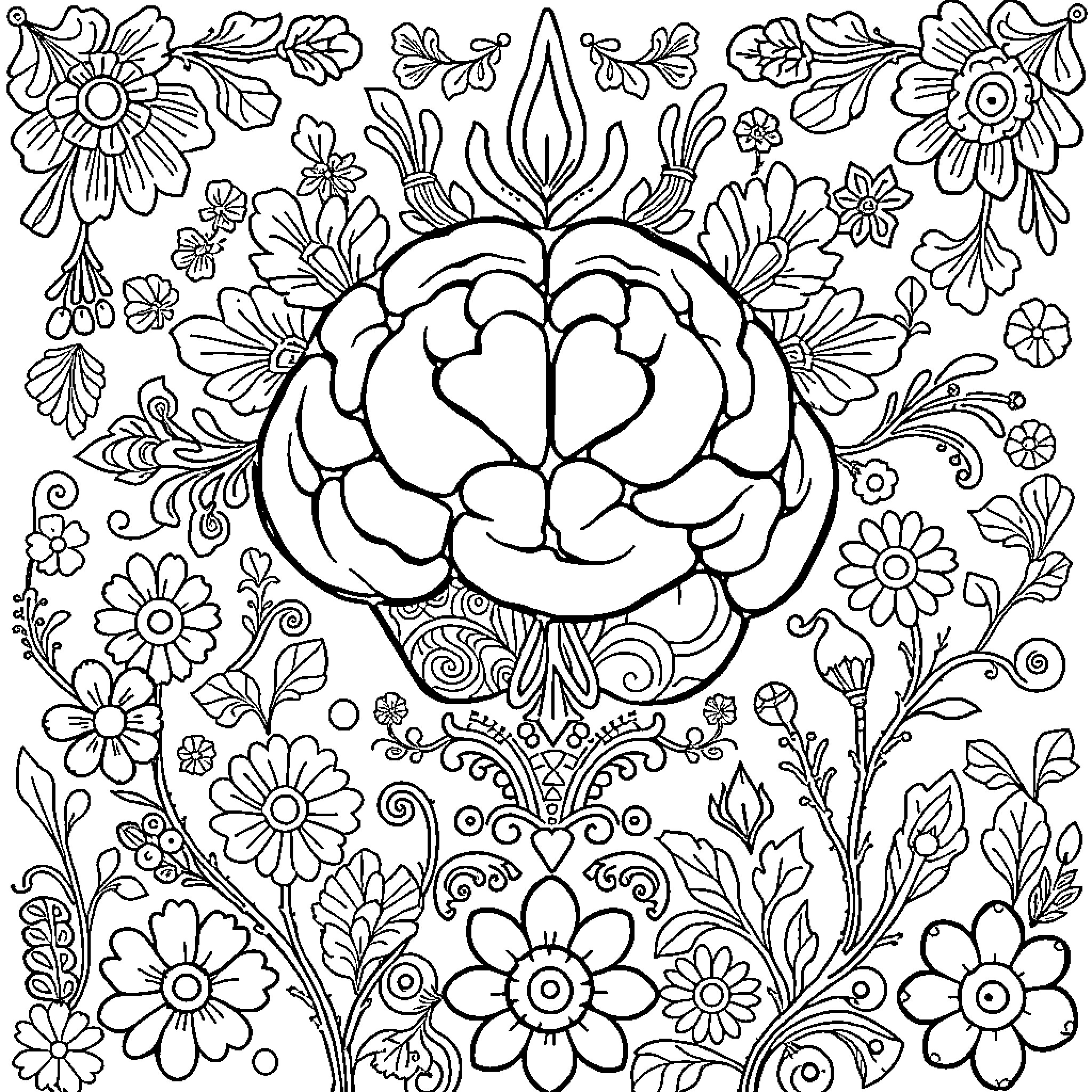 Mental Health: Floral Brain in Vibrant Surroundings Coloring Page (free black-and-white line drawing printable PDF for all, from beginners to advanced learners, including children, teens, adults, and seniors)