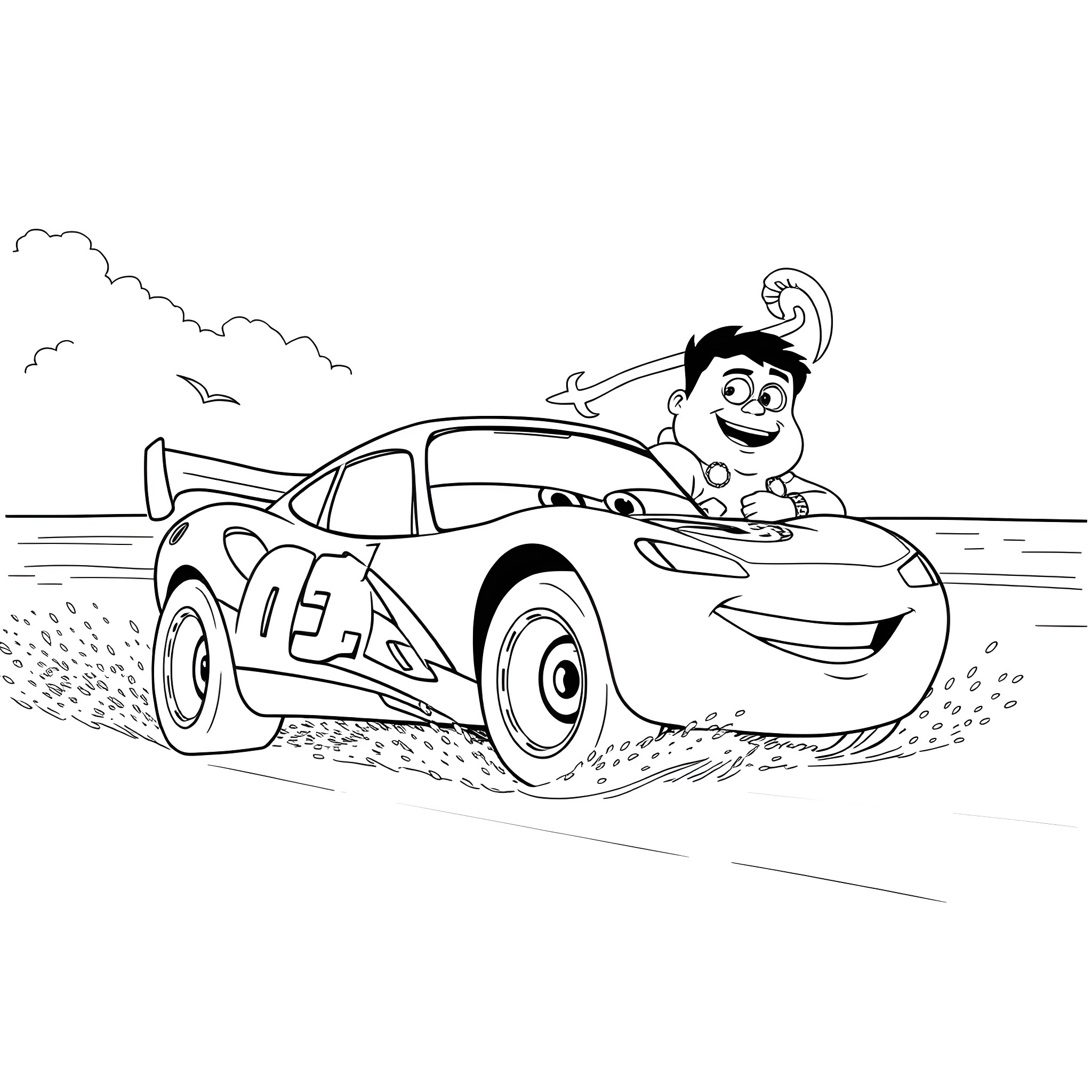 Lightning McQueen driving his race car happily Coloring Page (free black-and-white line drawing printable PDF for all, from beginners to advanced learners, including children, teens, adults, and seniors)