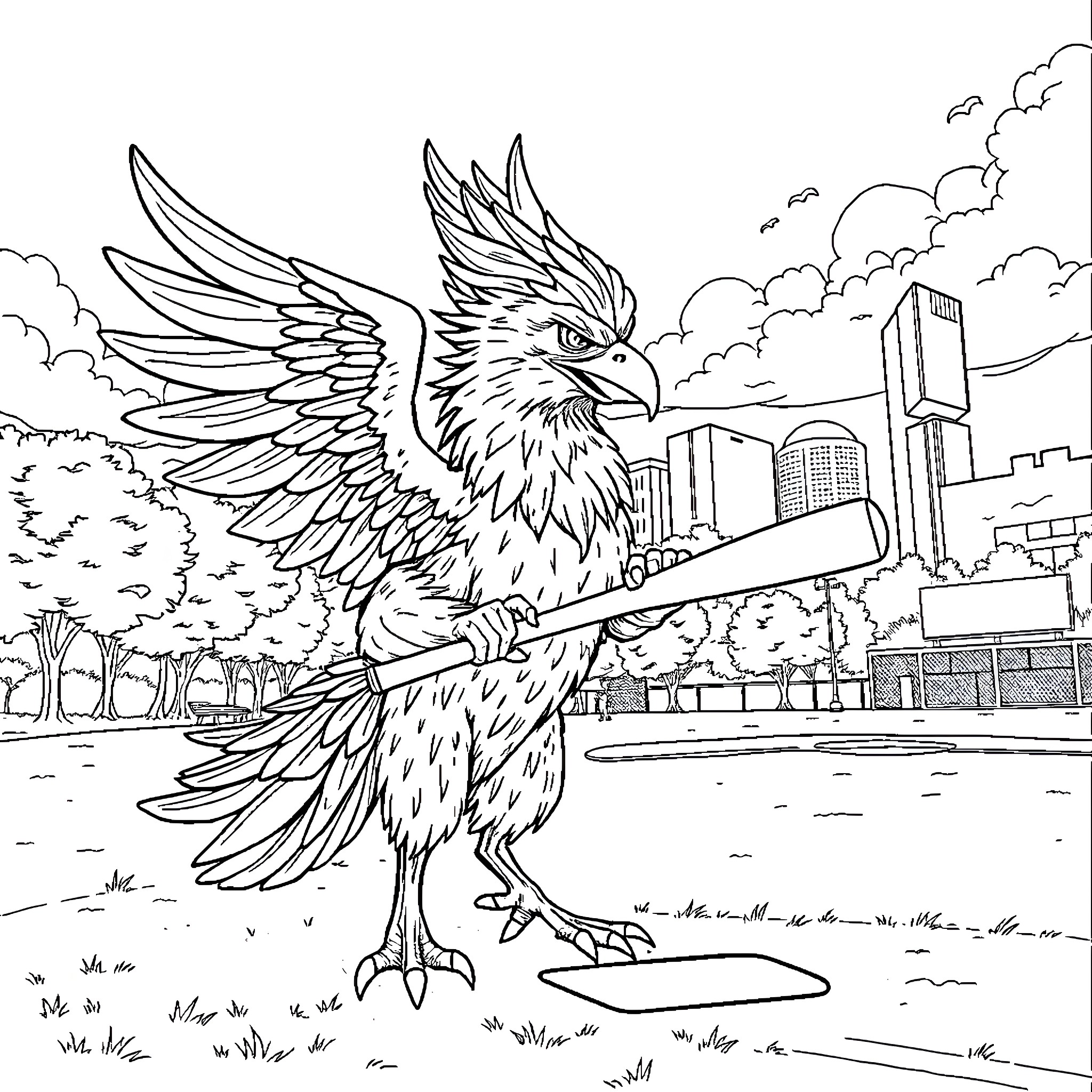 Griffin in Flight Over the City Coloring Page (free black-and-white line drawing printable PDF for all, from beginners to advanced learners, including children, teens, adults, and seniors)