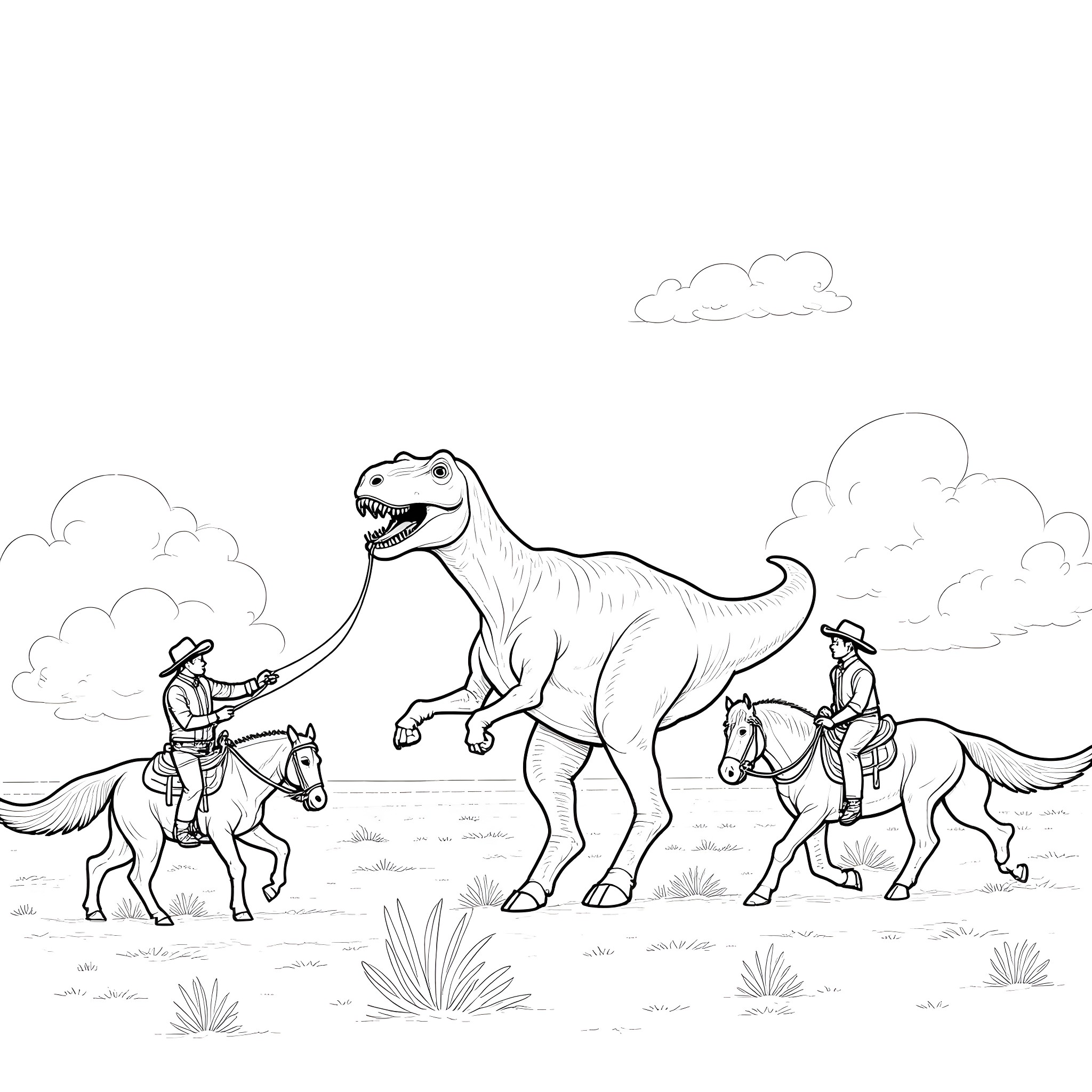 Cowboy heroes confronting a fierce dinosaur Coloring Page (free black-and-white line drawing printable PDF for all, from beginners to advanced learners, including children, teens, adults, and seniors)