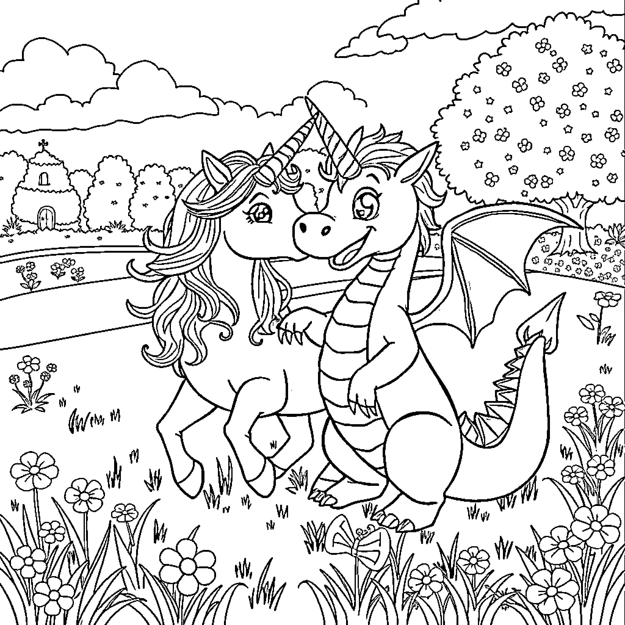 Unicorn and dragon playing together in a magical meadow Coloring Page (free black-and-white line drawing printable PDF for all, from beginners to advanced learners, including children, teens, adults, and seniors)