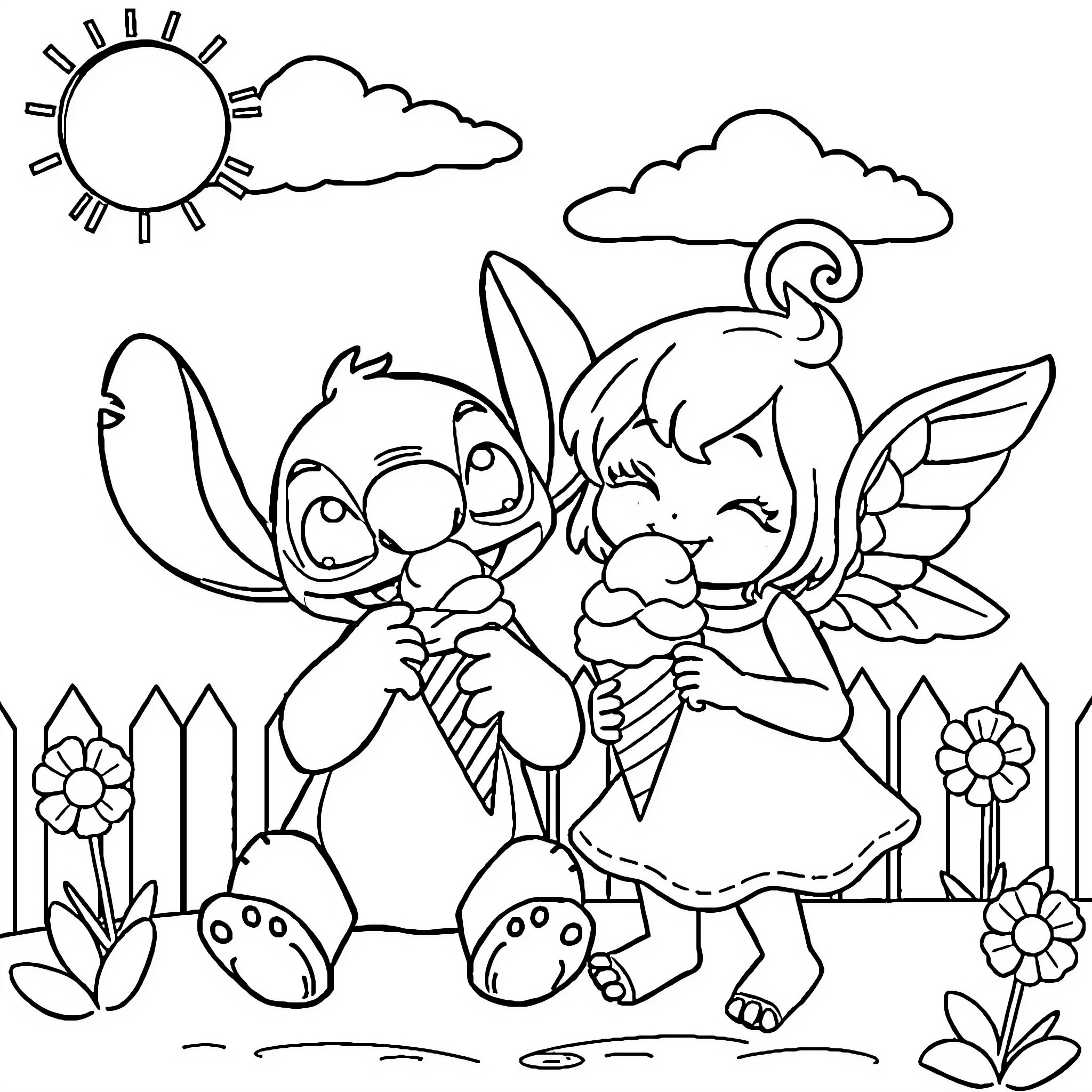 Stitch and Angel playing together in the garden Coloring Page (free black-and-white line drawing printable PDF for all, from beginners to advanced learners, including children, teens, adults, and seniors)