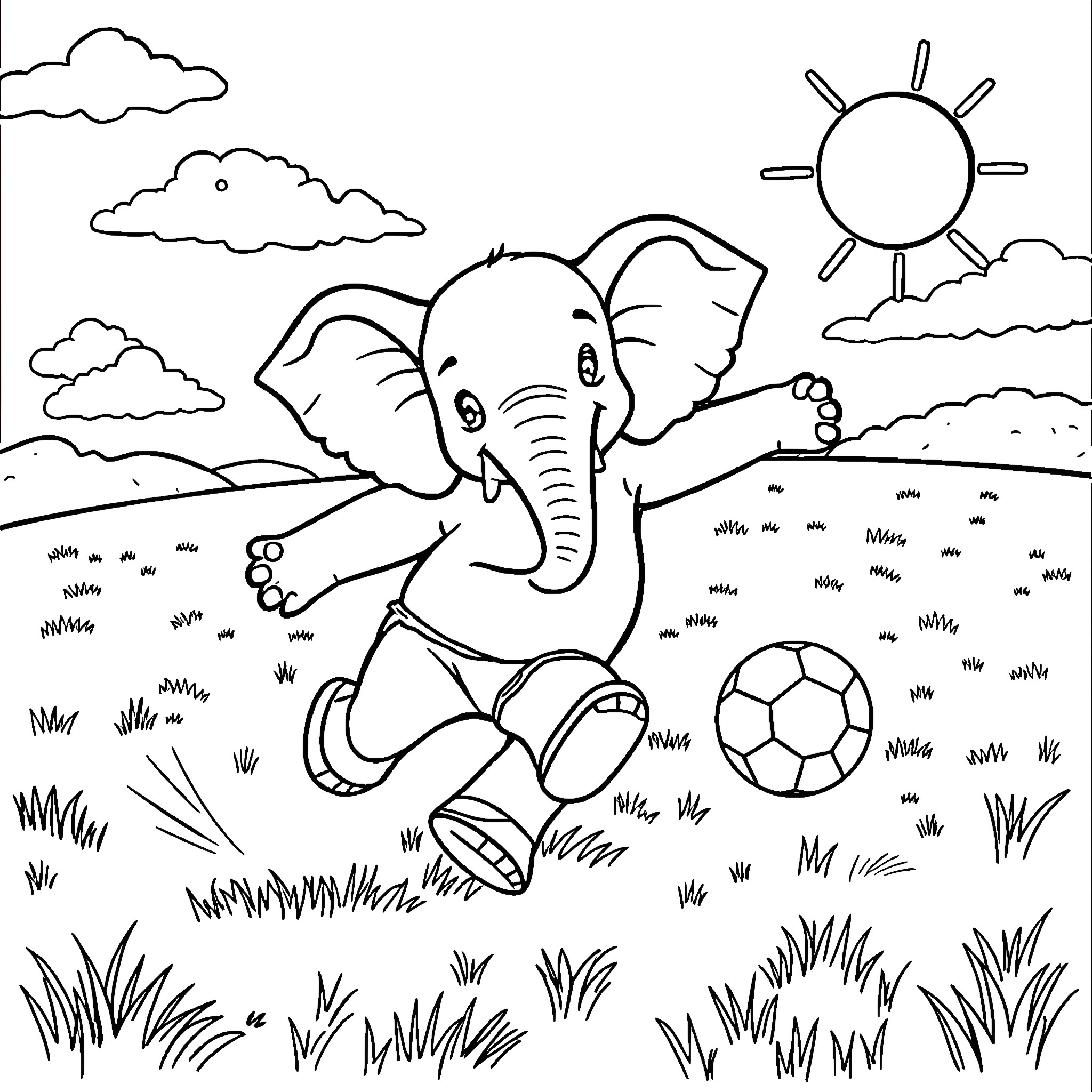 Elephant playing joyfully with a soccer ball in a sunny meadow Coloring Page (free black-and-white line drawing printable PDF for all, from beginners to advanced learners, including children, teens, adults, and seniors)