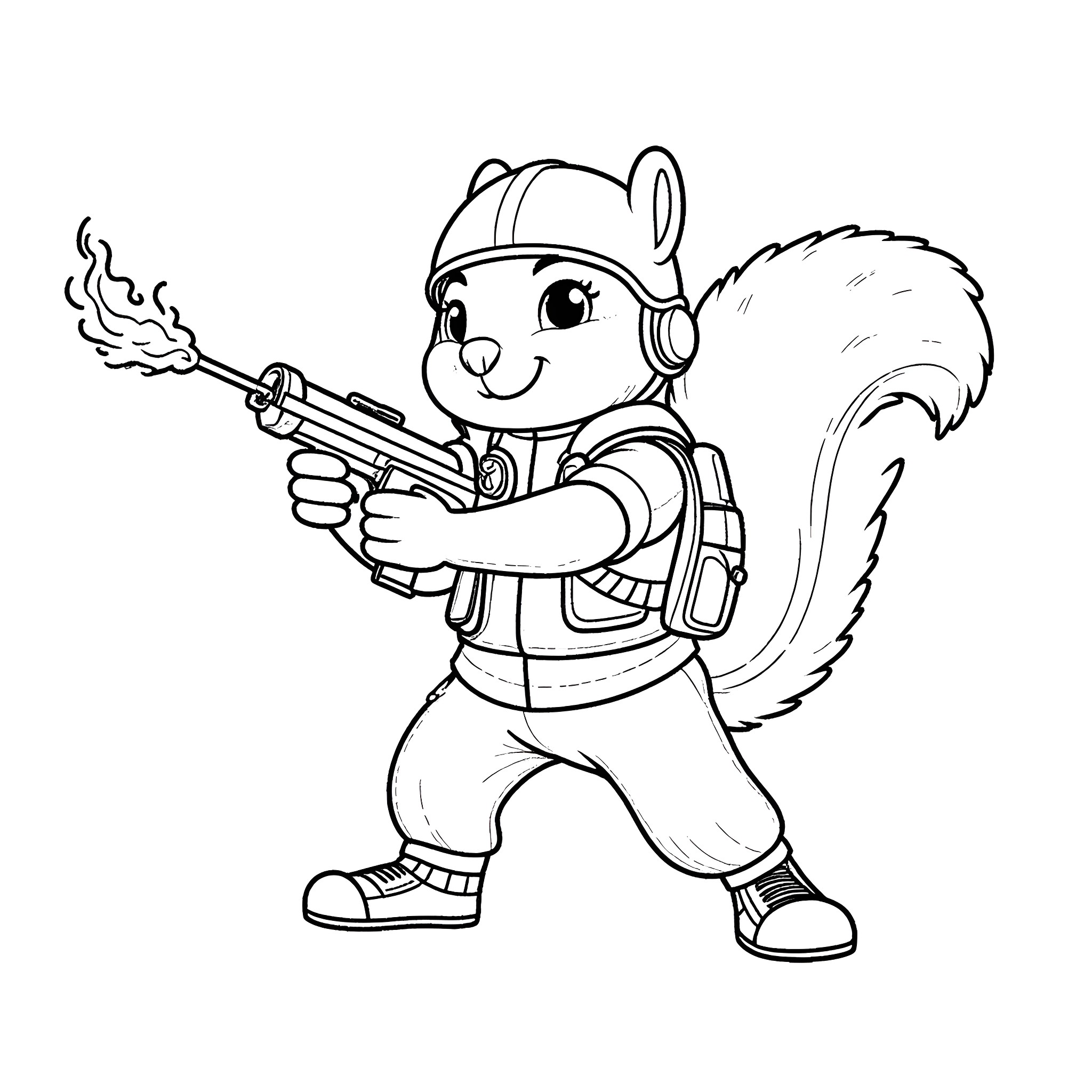 Squirrel space explorer with ray gun Coloring Page (free black-and-white line drawing printable PDF for all, from beginners to advanced learners, including children, teens, adults, and seniors)