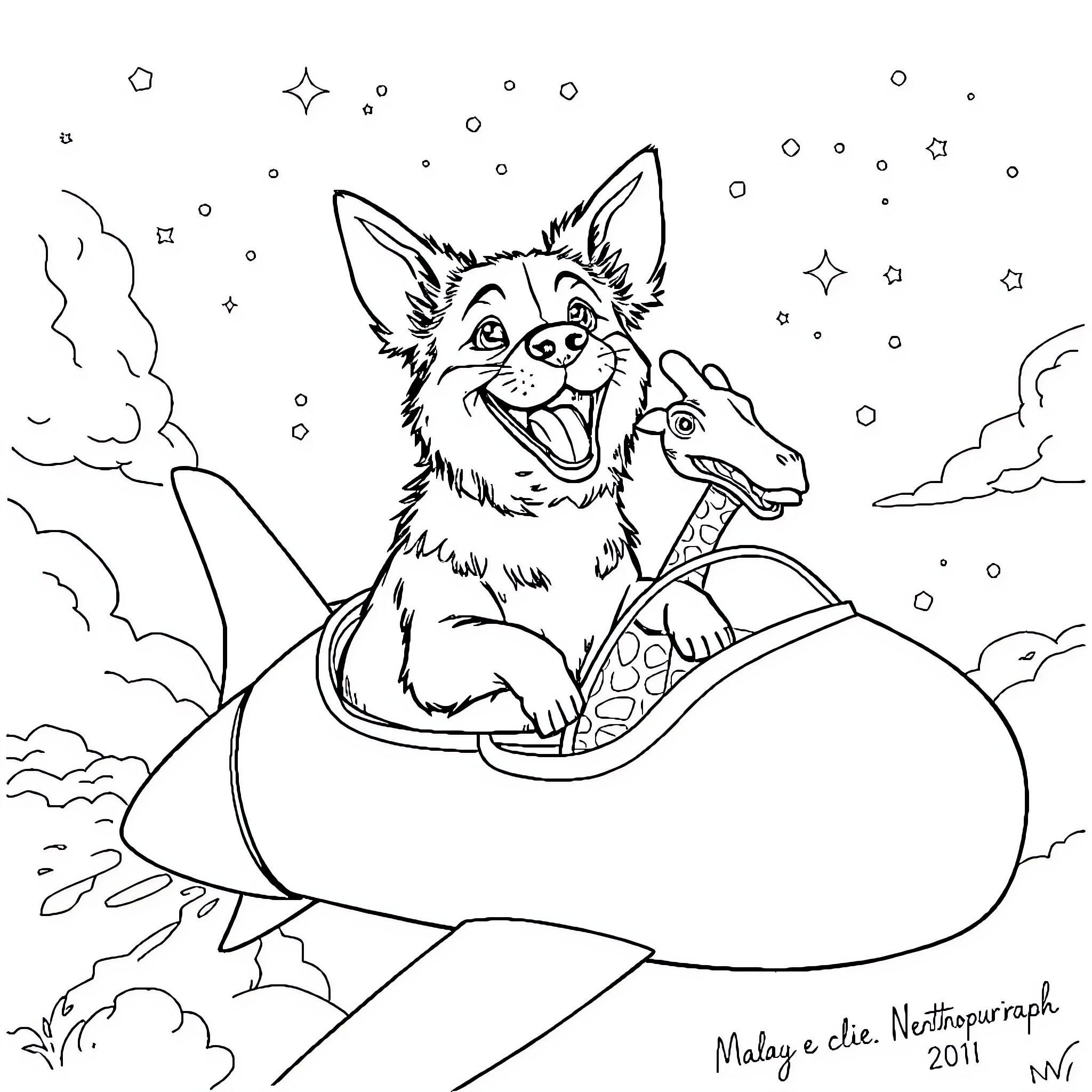 Chien flying in a spaceship with a dinosaur Coloring Page (free black-and-white line drawing printable PDF for all, from beginners to advanced learners, including children, teens, adults, and seniors)