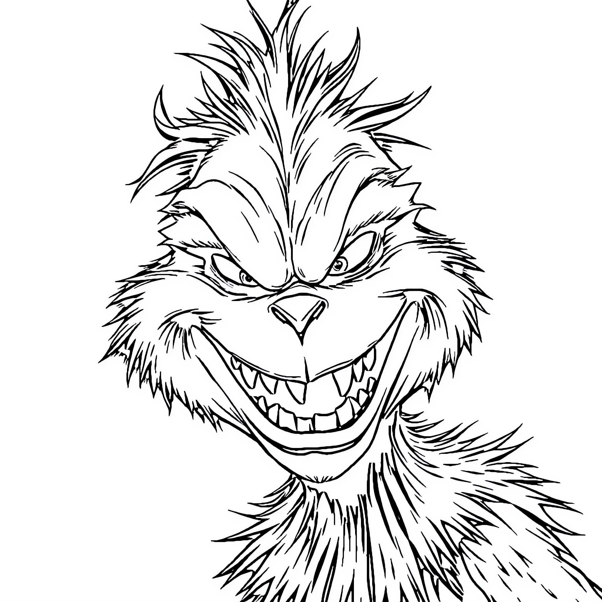 Grinch character with mischievous grin and wild hair Coloring Page (free black-and-white line drawing printable PDF for all, from beginners to advanced learners, including children, teens, adults, and seniors)