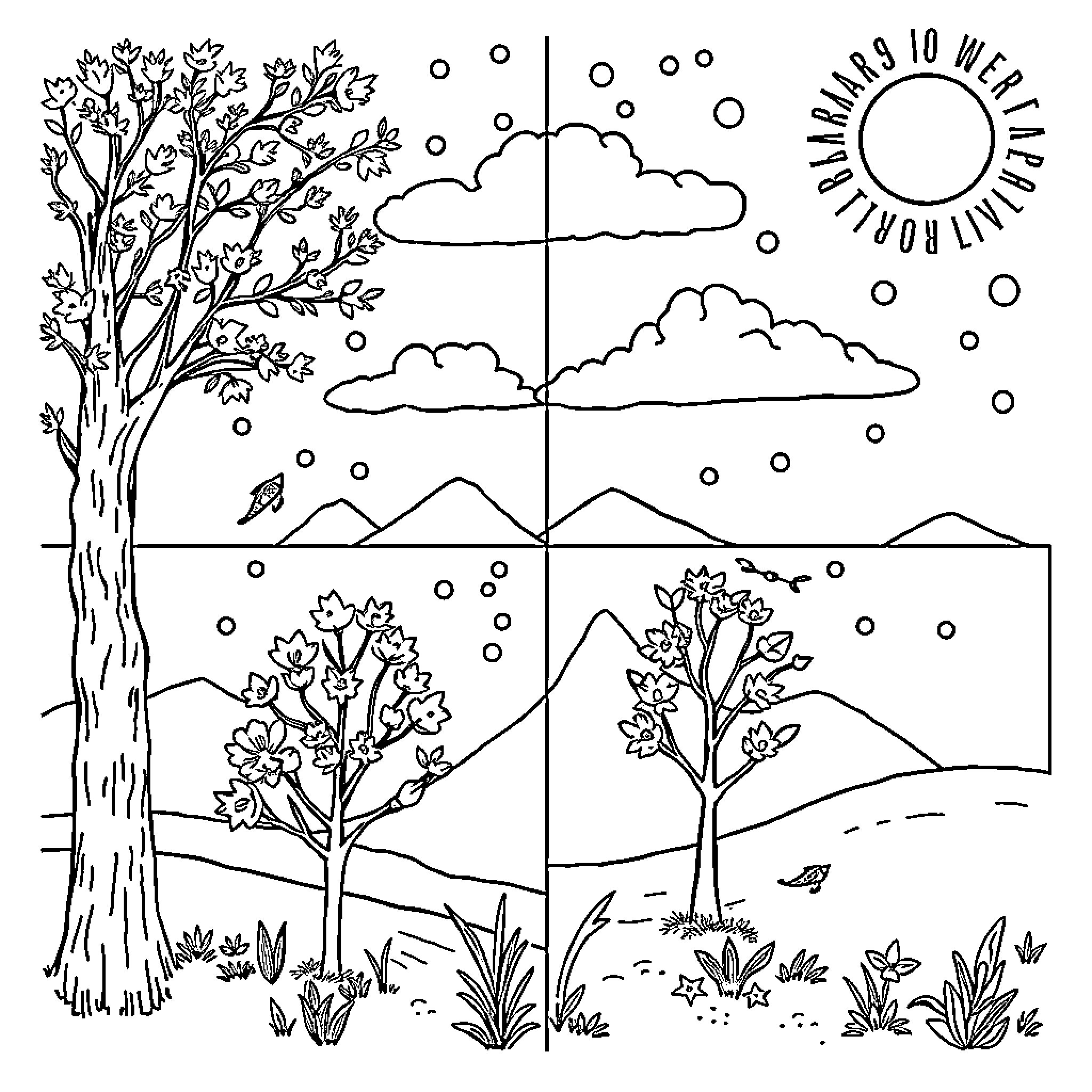 Season's Changing Nature Scenes Coloring Page (free black-and-white line drawing printable PDF for all, from beginners to advanced learners, including children, teens, adults, and seniors)
