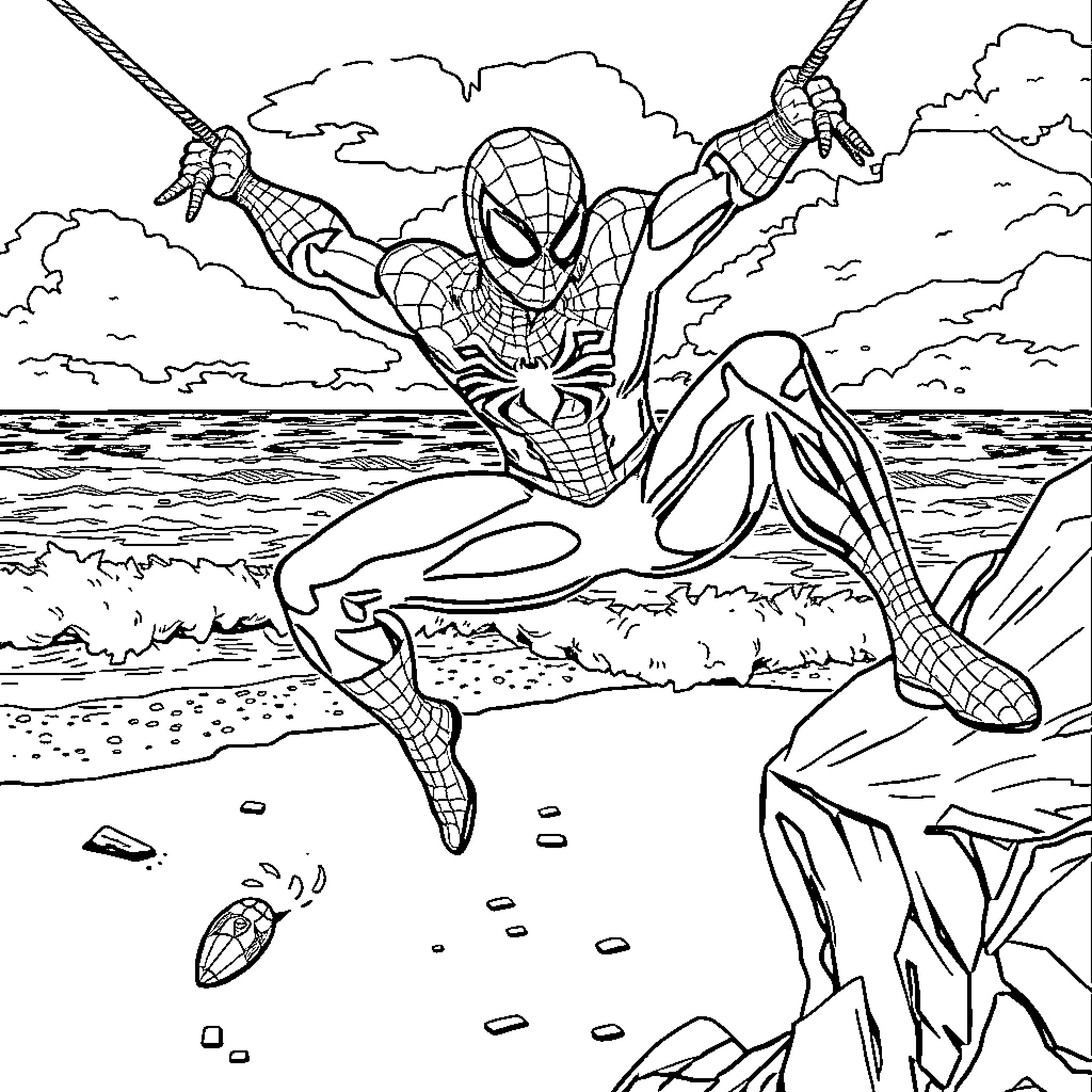 Spiderman swinging through the sky above the ocean Coloring Page (free black-and-white line drawing printable PDF for all, from beginners to advanced learners, including children, teens, adults, and seniors)