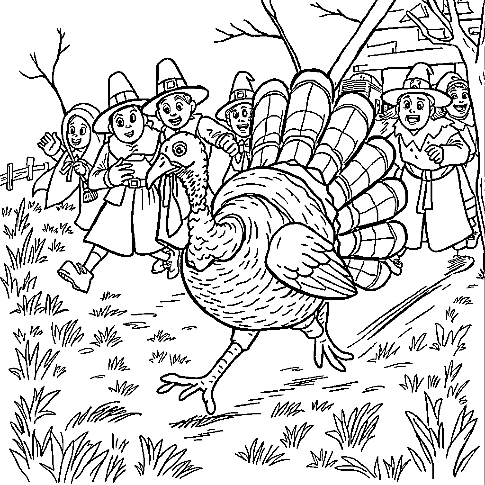 Turkey Thanksgiving Celebration with Festive Pilgrims Coloring Page (free black-and-white line drawing printable PDF for all, from beginners to advanced learners, including children, teens, adults, and seniors)