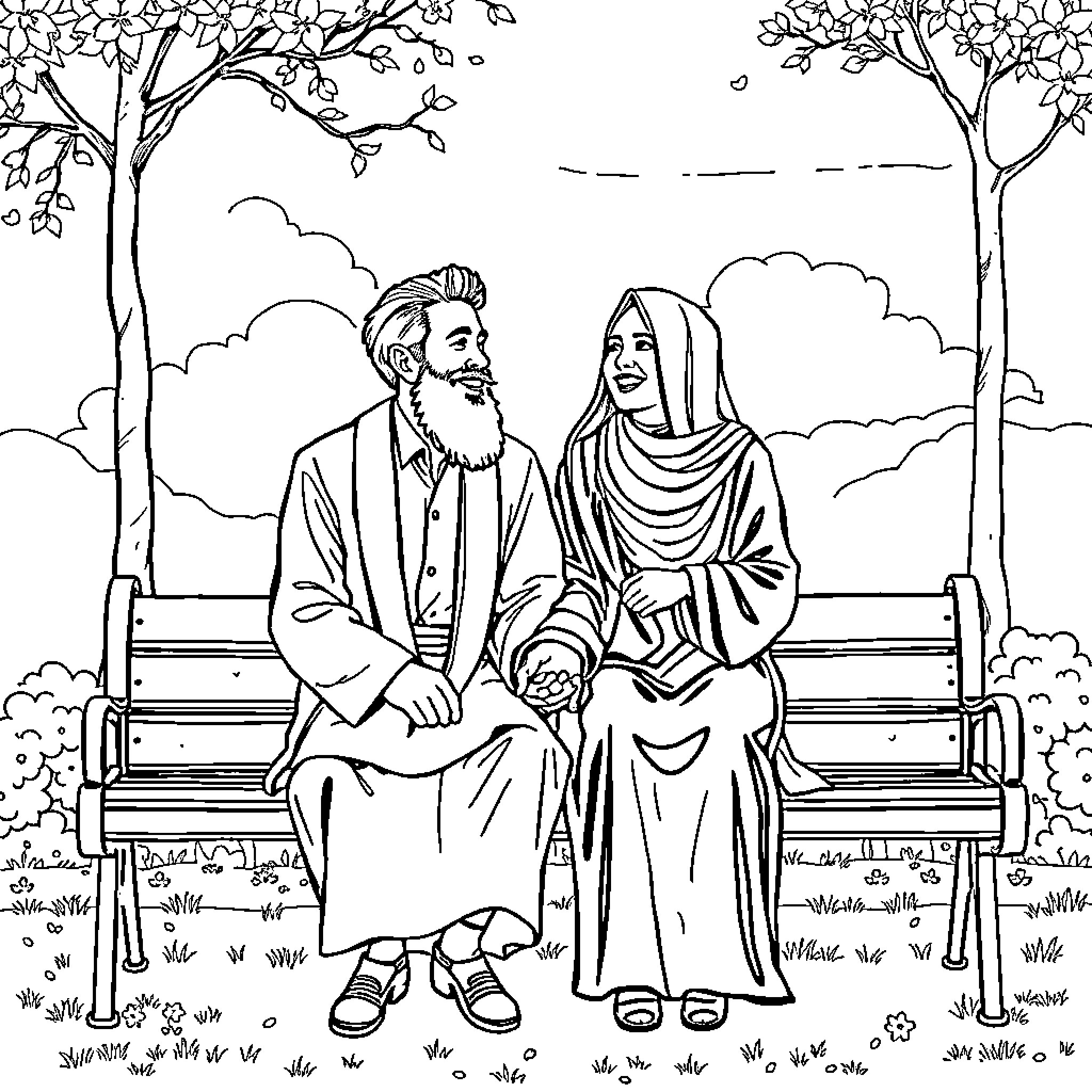 Rumi's timeless conversation in a serene landscape Coloring Page (free black-and-white line drawing printable PDF for all, from beginners to advanced learners, including children, teens, adults, and seniors)