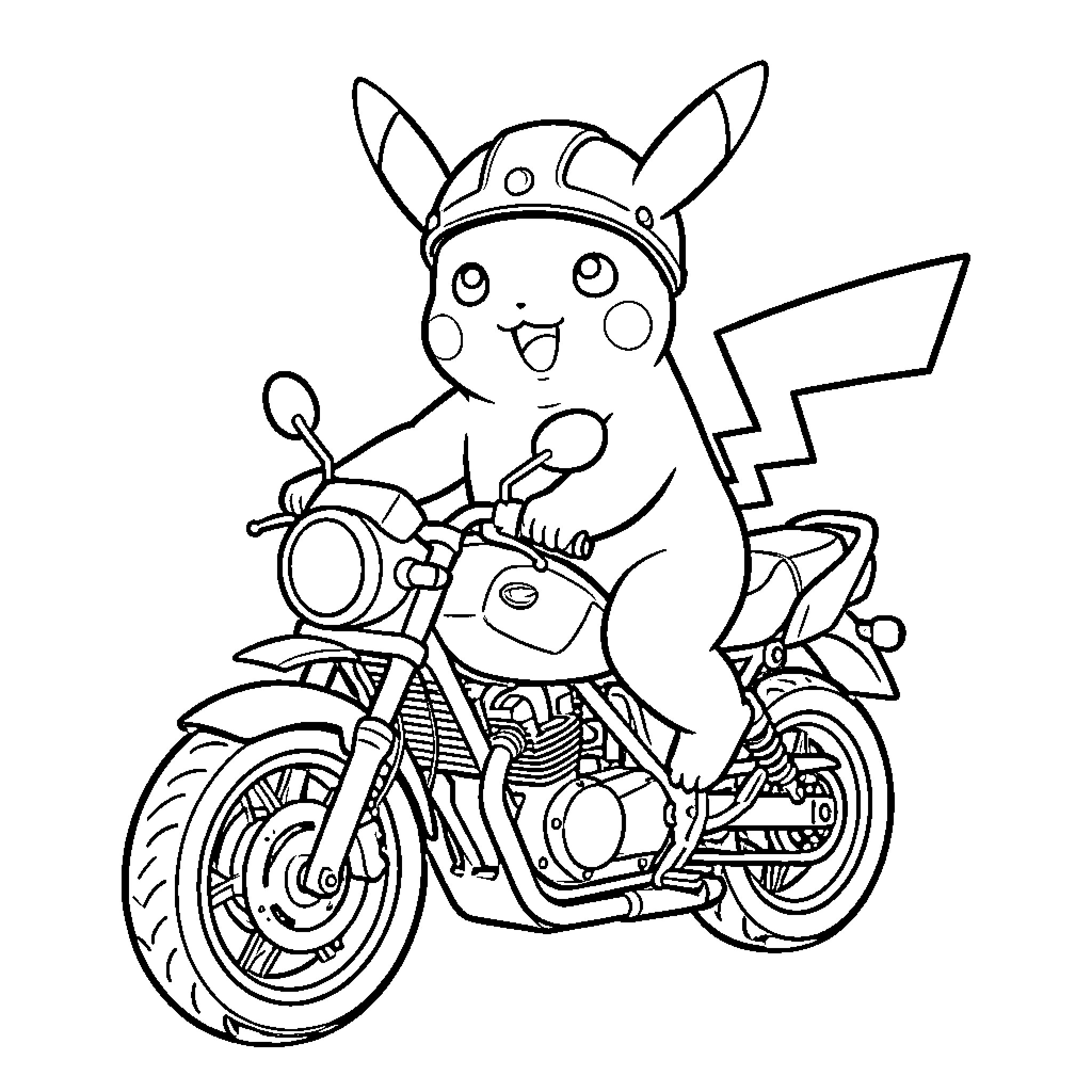 Pikachu riding a motorcycle happily Coloring Page (free black-and-white line drawing printable PDF for all, from beginners to advanced learners, including children, teens, adults, and seniors)