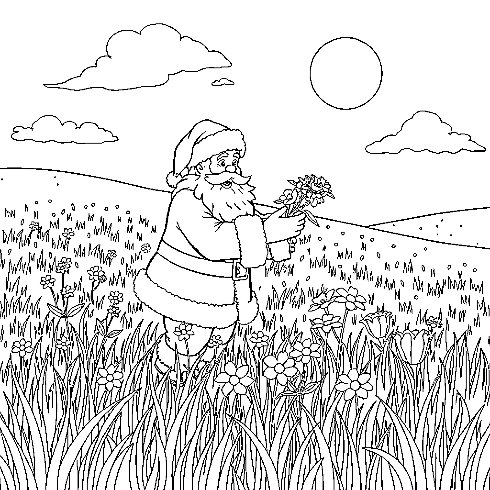 Santa Admiring Flowers in a Serene Meadow Coloring Page (free black-and-white line drawing printable PDF for all, from beginners to advanced learners, including children, teens, adults, and seniors)