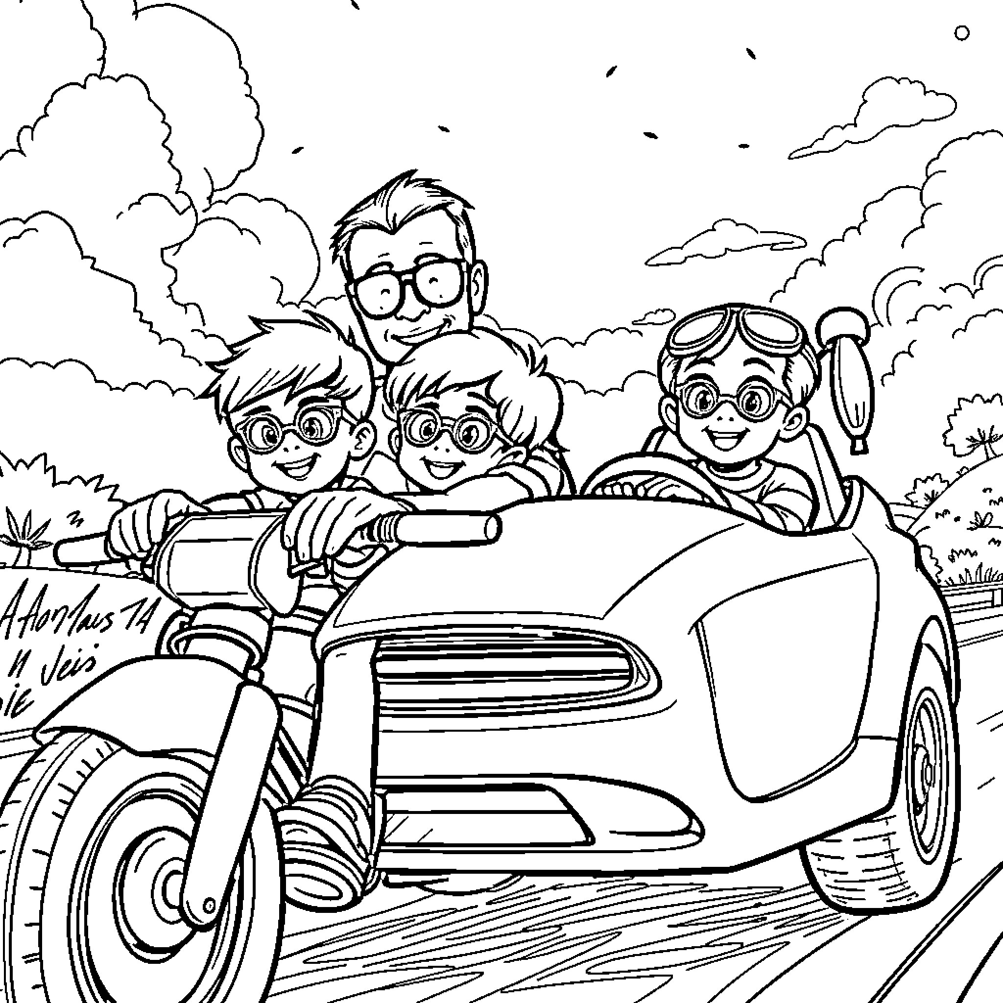 Father takes sons on a joyful motorcycle ride Coloring Page (free black-and-white line drawing printable PDF for all, from beginners to advanced learners, including children, teens, adults, and seniors)