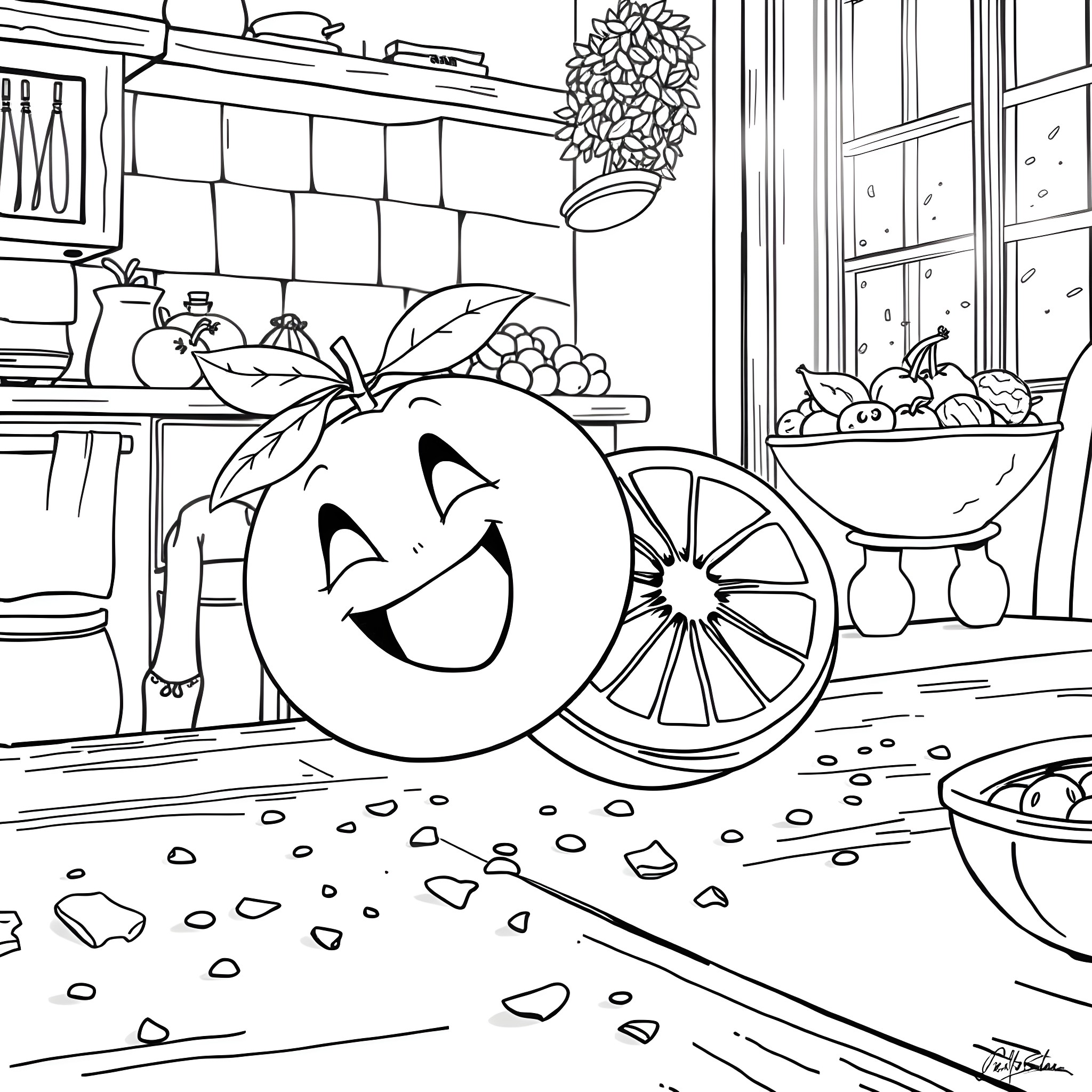 Orange Smiling Face with Wagon Full of Fruits Coloring Page (free black-and-white line drawing printable PDF for all, from beginners to advanced learners, including children, teens, adults, and seniors)