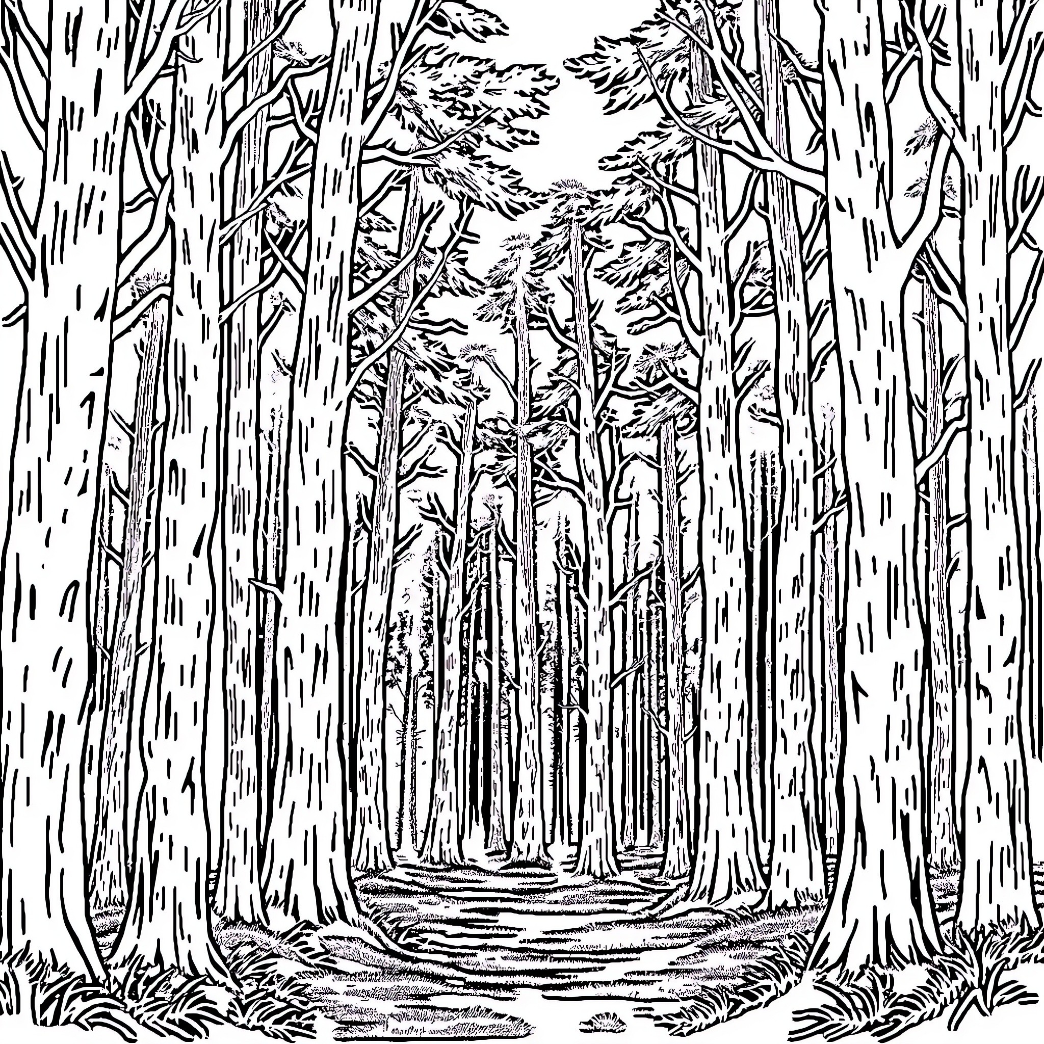 Forest path through lush, dense foliage Coloring Page (free black-and-white line drawing printable PDF for all, from beginners to advanced learners, including children, teens, adults, and seniors)