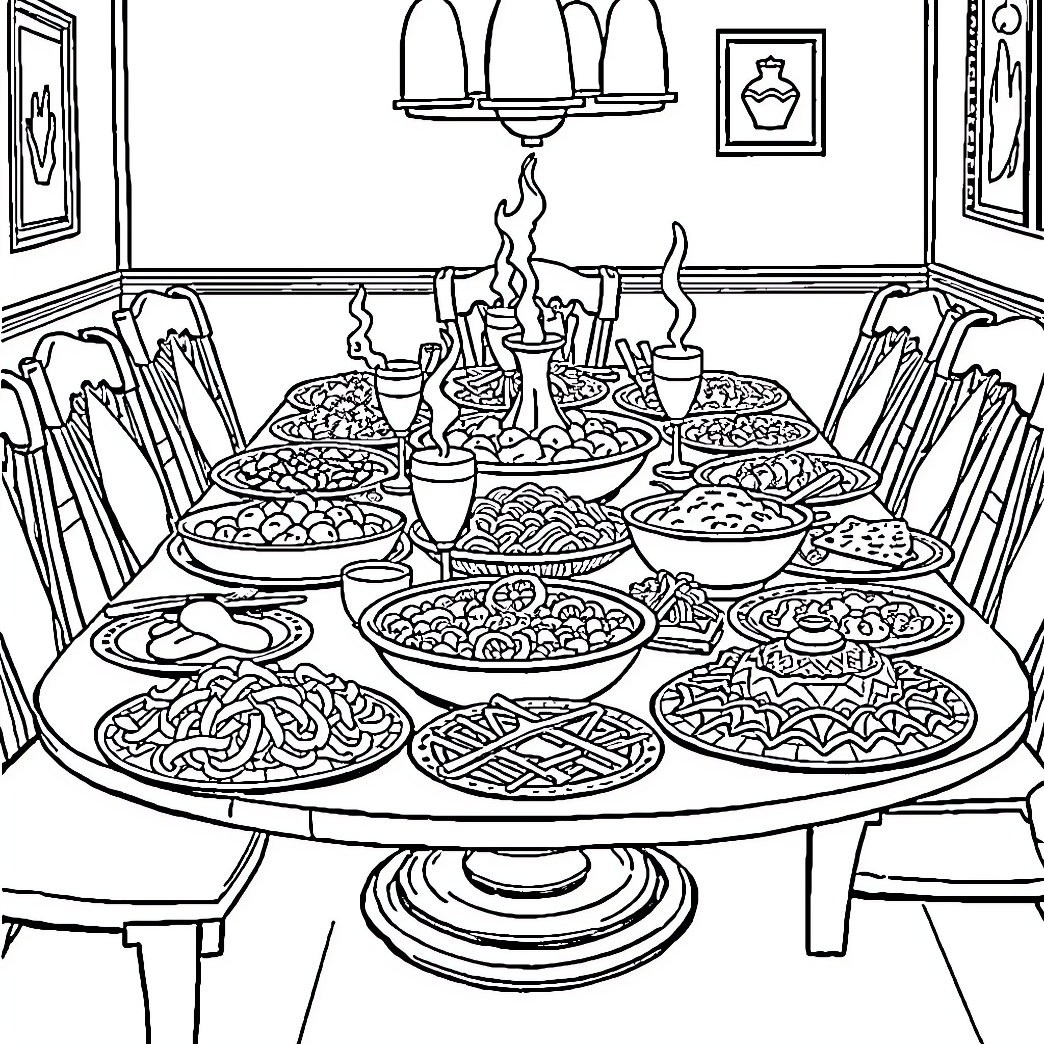 Dinner Table Filled with Delicious Dishes Coloring Page (free black-and-white line drawing printable PDF for all, from beginners to advanced learners, including children, teens, adults, and seniors)