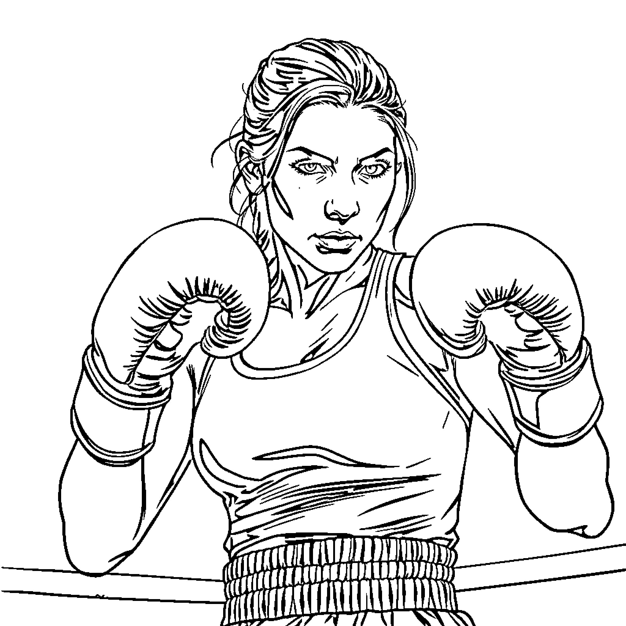 Katie Taylor in boxing stance with focused expression Coloring Page (free black-and-white line drawing printable PDF for all, from beginners to advanced learners, including children, teens, adults, and seniors)