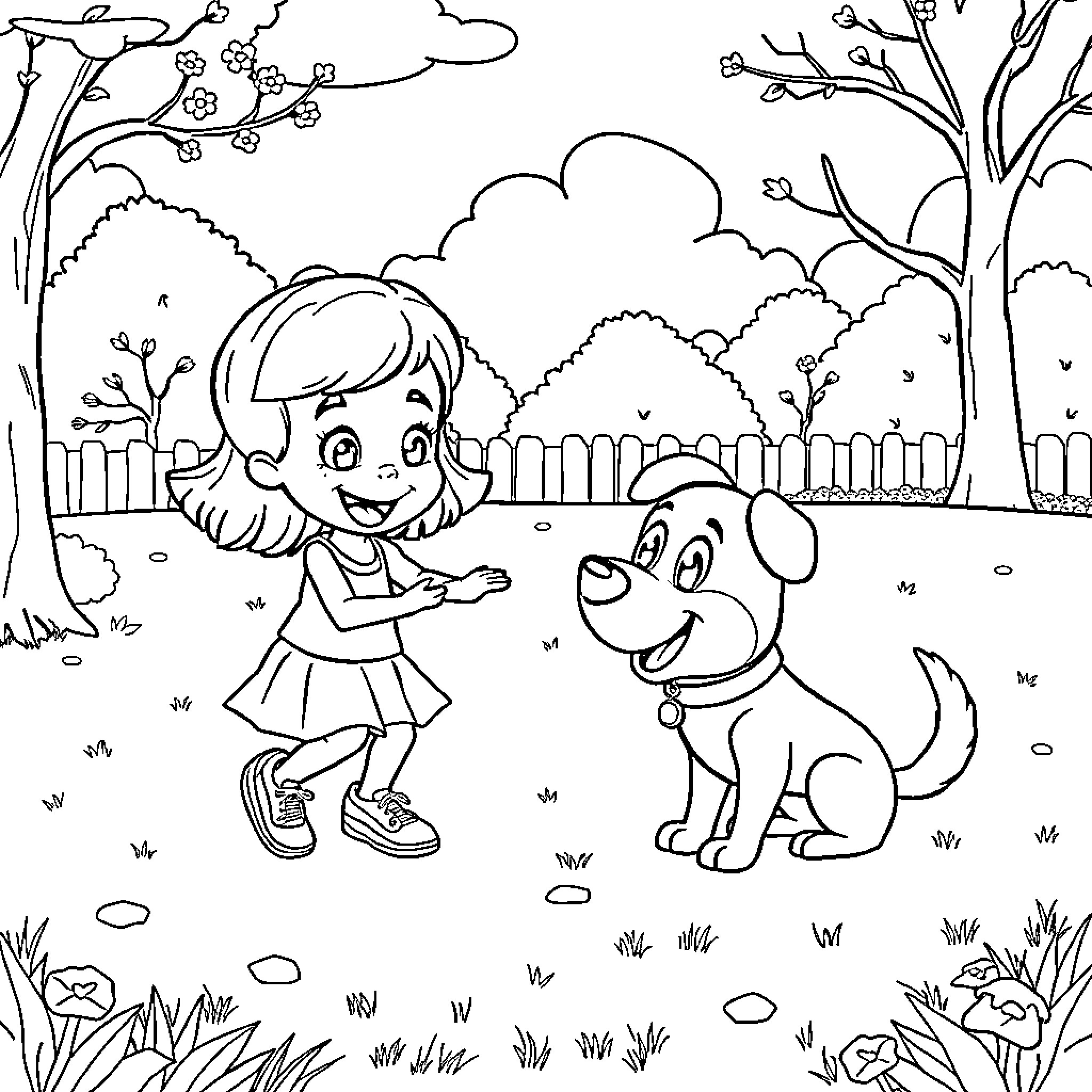 Gabby playing with her happy puppy in the park Coloring Page (free black-and-white line drawing printable PDF for all, from beginners to advanced learners, including children, teens, adults, and seniors)