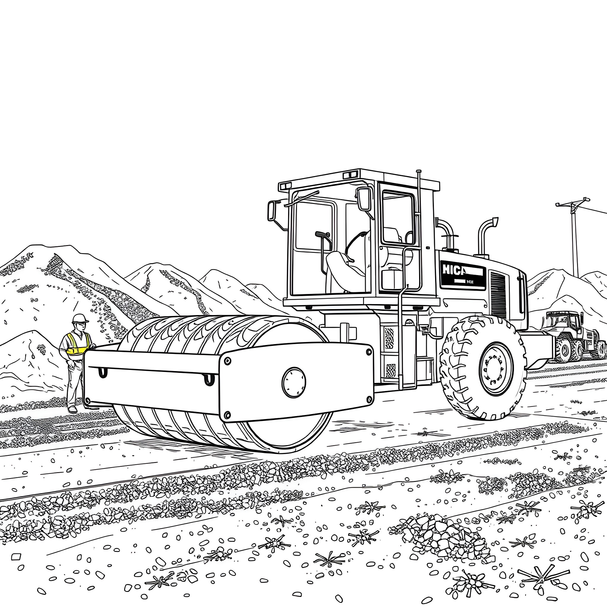 Tire Compactor Operating on Construction Site Coloring Page (free black-and-white line drawing printable PDF for all, from beginners to advanced learners, including children, teens, adults, and seniors)