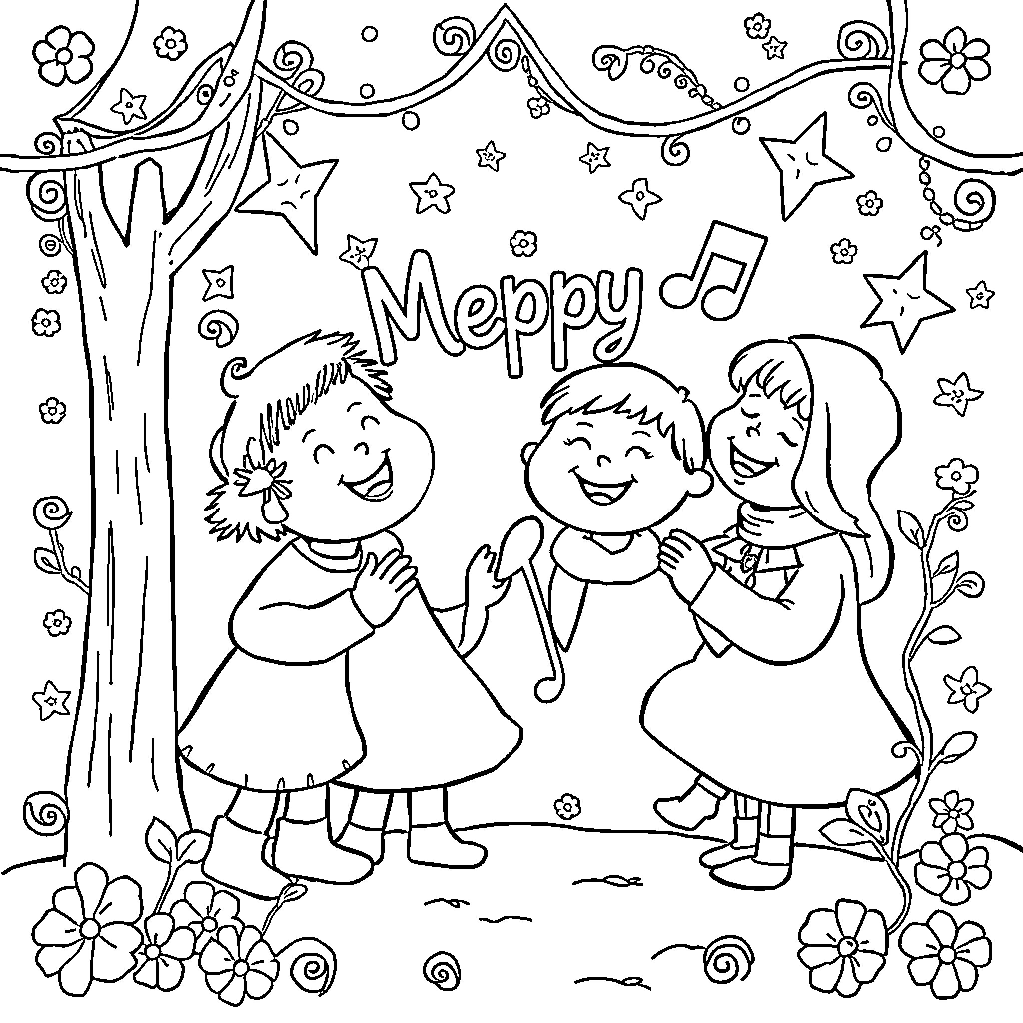 Tralalero children singing and dancing happily Coloring Page (free black-and-white line drawing printable PDF for all, from beginners to advanced learners, including children, teens, adults, and seniors)