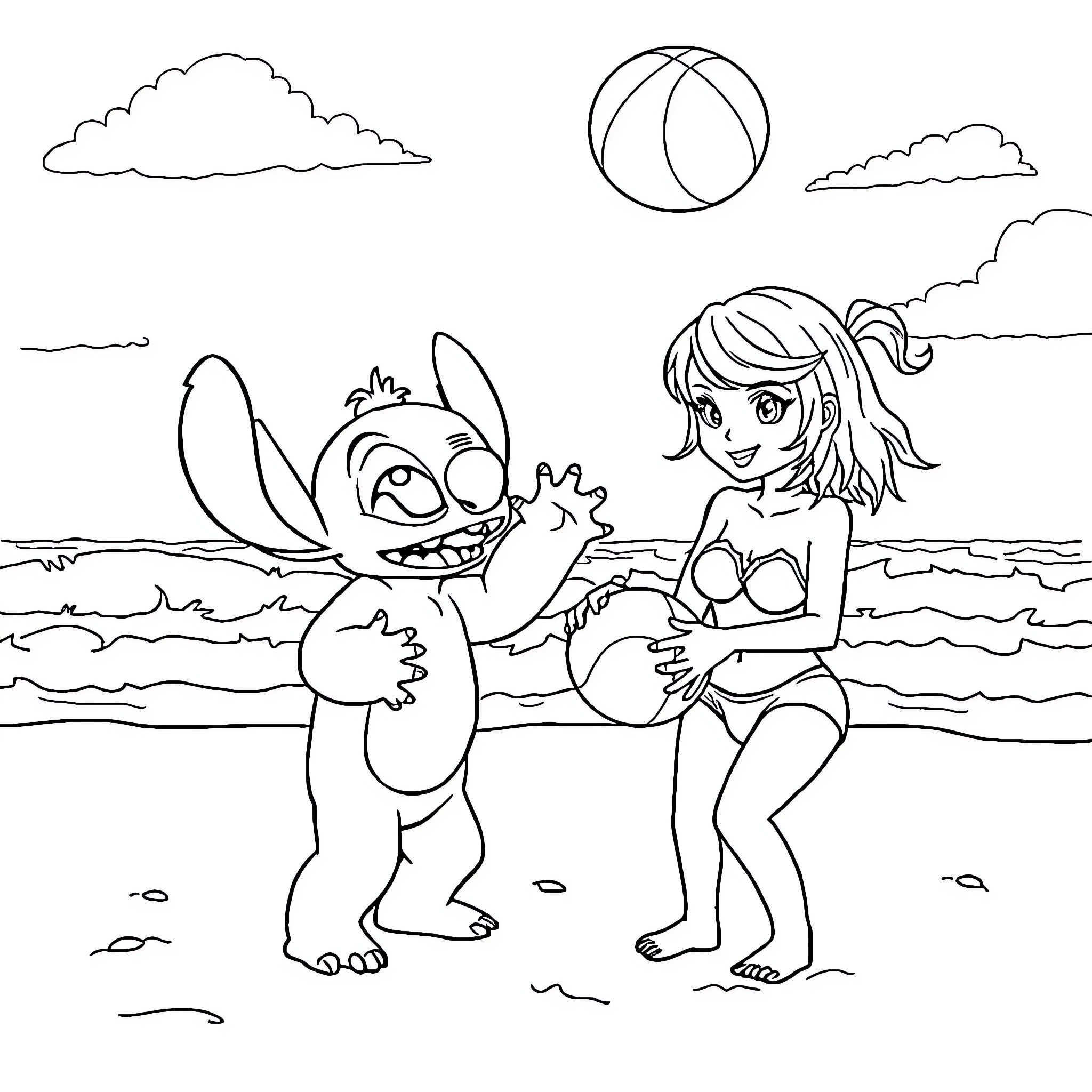 Stitch playing with girl on the beach Coloring Page (free black-and-white line drawing printable PDF for all, from beginners to advanced learners, including children, teens, adults, and seniors)