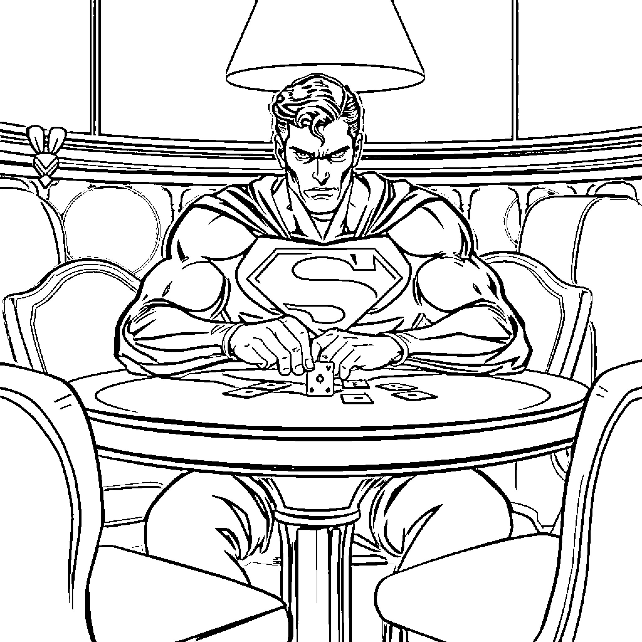 Superman sitting contemplatively at a table Coloring Page (free black-and-white line drawing printable PDF for all, from beginners to advanced learners, including children, teens, adults, and seniors)