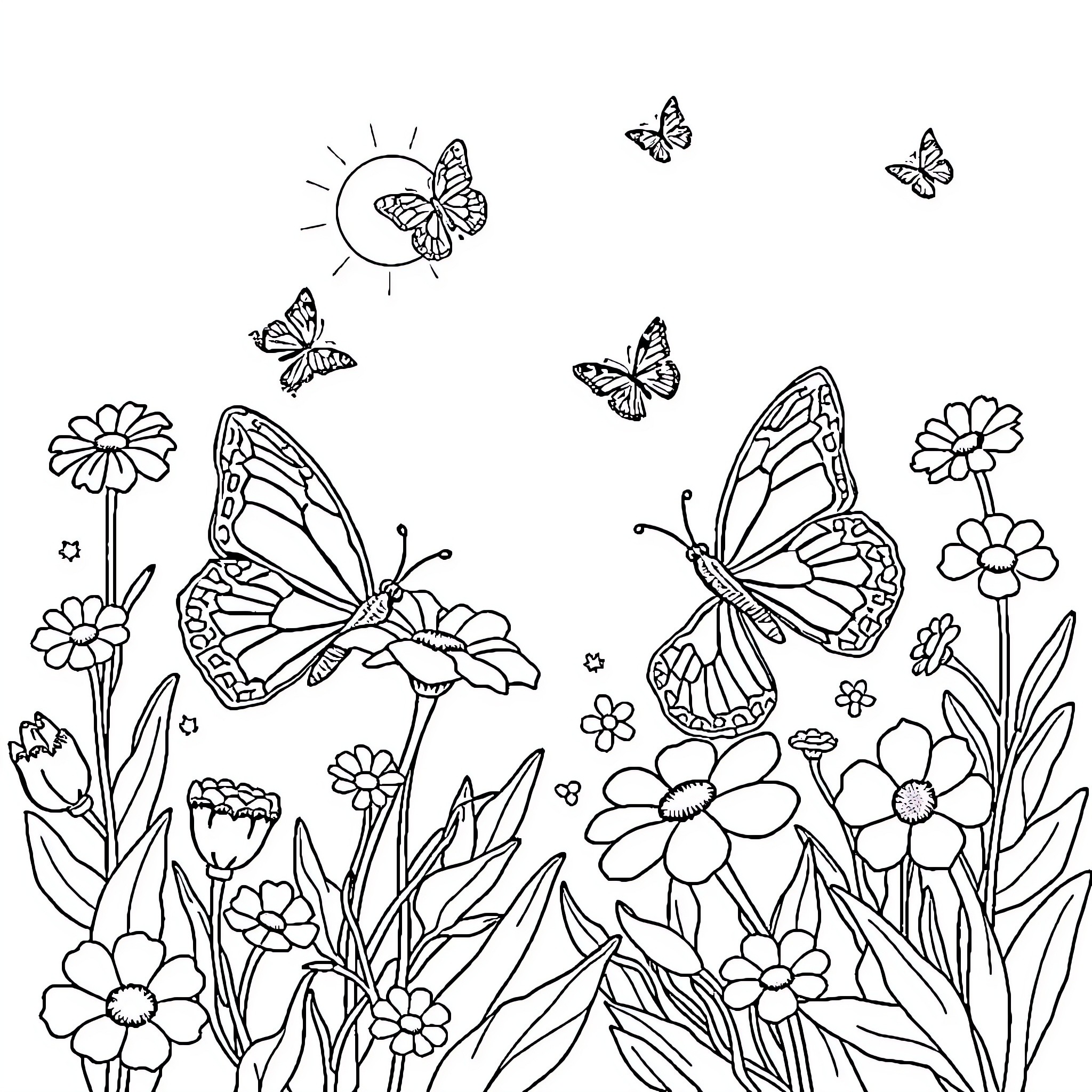 Butterfly Playful Scene with Flowers Coloring Page (free black-and-white line drawing printable PDF for all, from beginners to advanced learners, including children, teens, adults, and seniors)