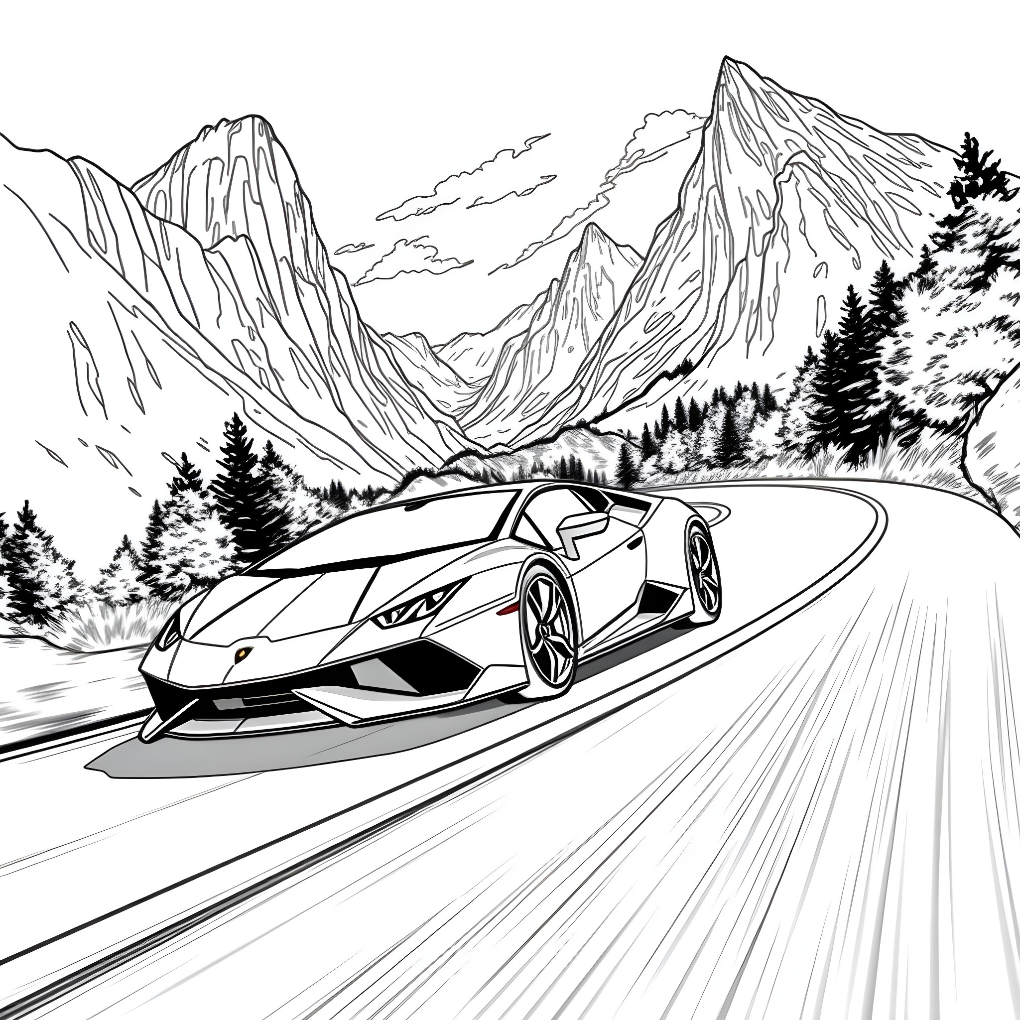 Lamborghini speeding through the winding mountain roads Coloring Page (free black-and-white line drawing printable PDF for all, from beginners to advanced learners, including children, teens, adults, and seniors)