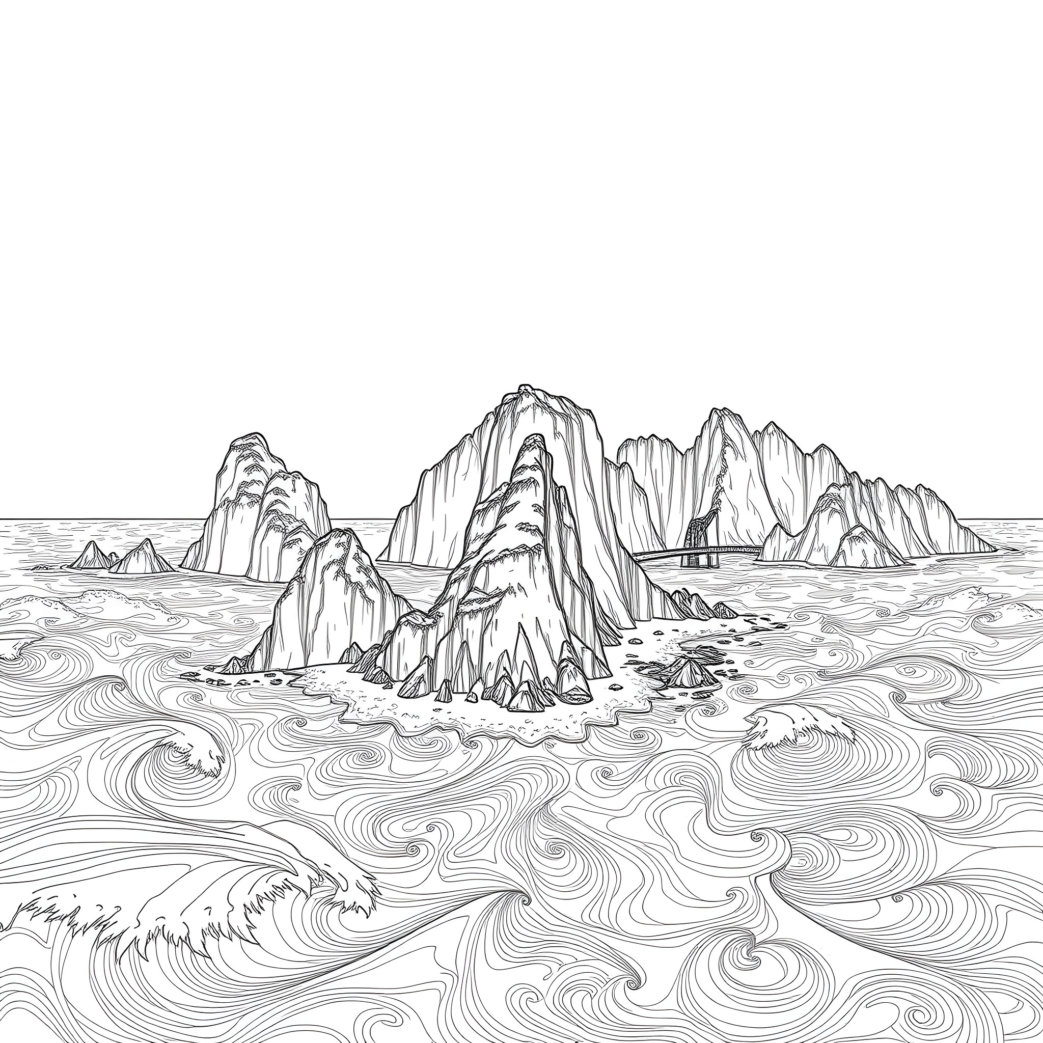Island Cliffs Surrounded by Swirling Waves Coloring Page (free black-and-white line drawing printable PDF for all, from beginners to advanced learners, including children, teens, adults, and seniors)