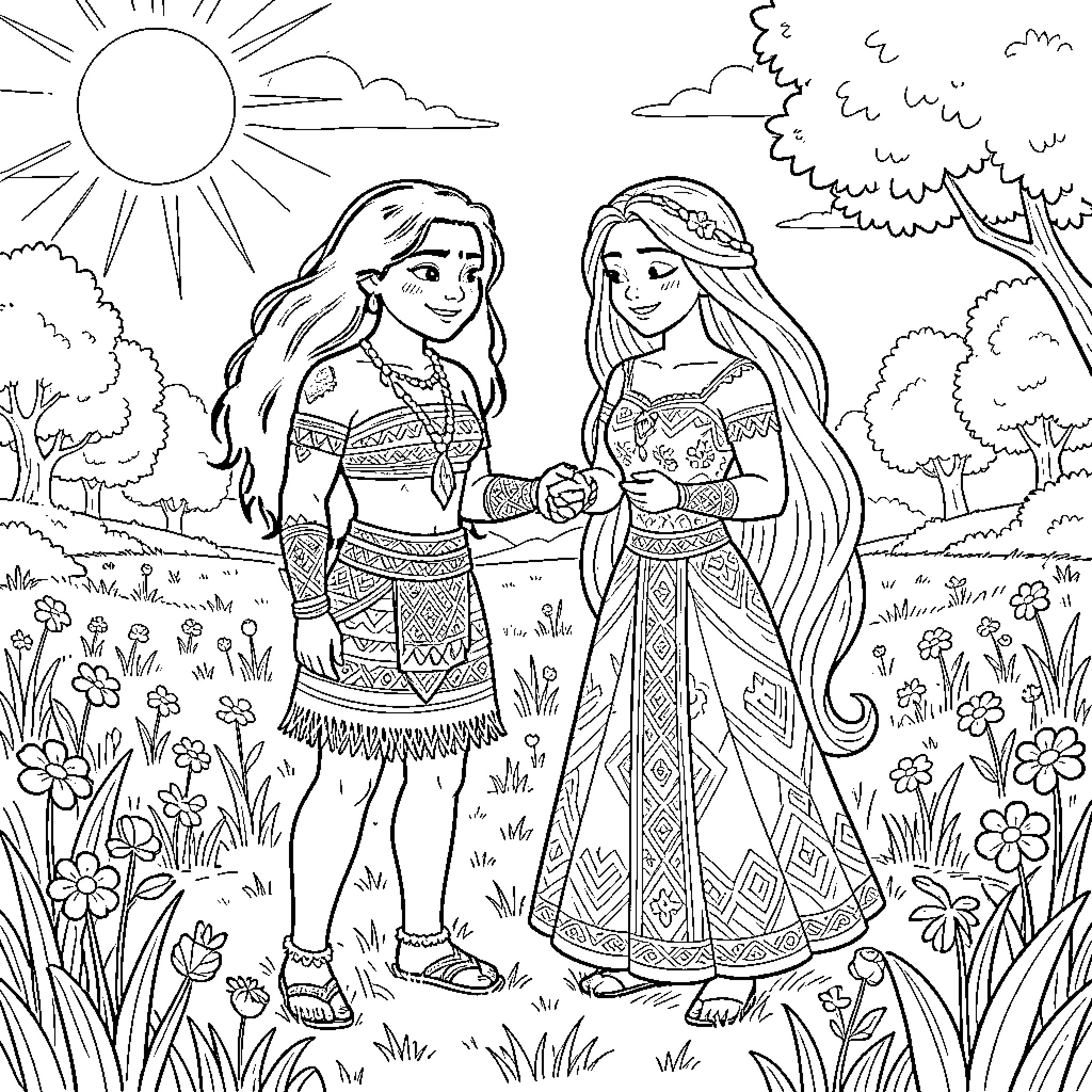 Moana and a princess walking together in a meadow Coloring Page (free black-and-white line drawing printable PDF for all, from beginners to advanced learners, including children, teens, adults, and seniors)